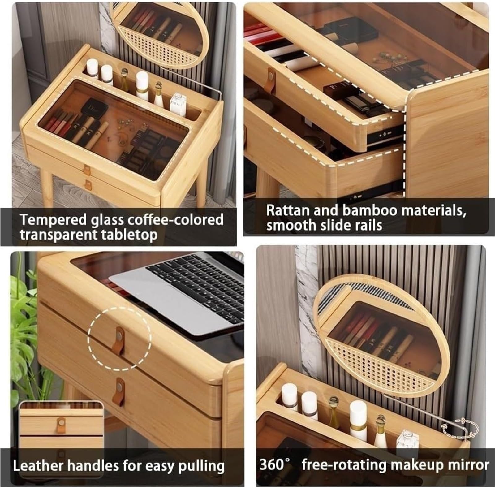 Bambus Make-up Vani mit Spiegel Platzsparende Kommode für kleine Wohnungen Slish s Top Sto für Ankleidebereiche und Schlafzimmer