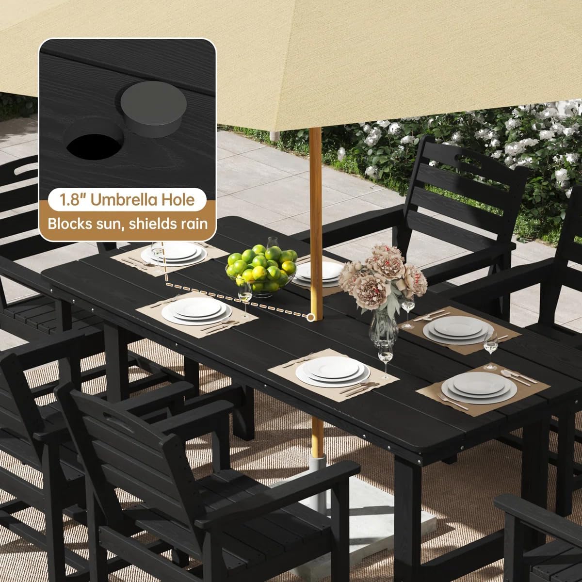 PIZZELLO 7-Piece Outdoor Dining Set - HDPE Patio Dining Set for 6 - Outdoor Table and Chairs - All Weather Rectangular Patio Table Sets w/Umbrella Hole (66" Large Table and 20" Wide Chairs)