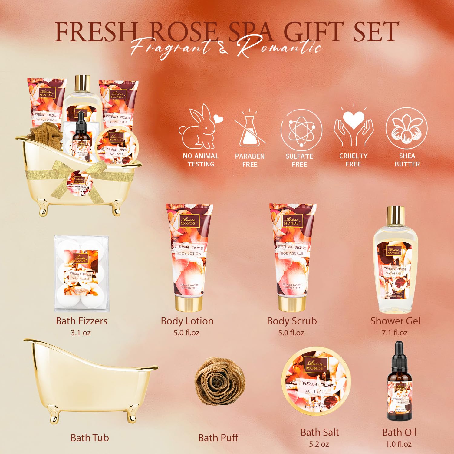 Fresh Rose Spa Gift Set for Women, 8-Piece Relaxing Bath Set with Shower Gel, Bubble Bath, Body Lotion, Self Care Gift for Any Occasion, Birthday Gifts for Women, Spa Kit for Mom Gifts - Image 2