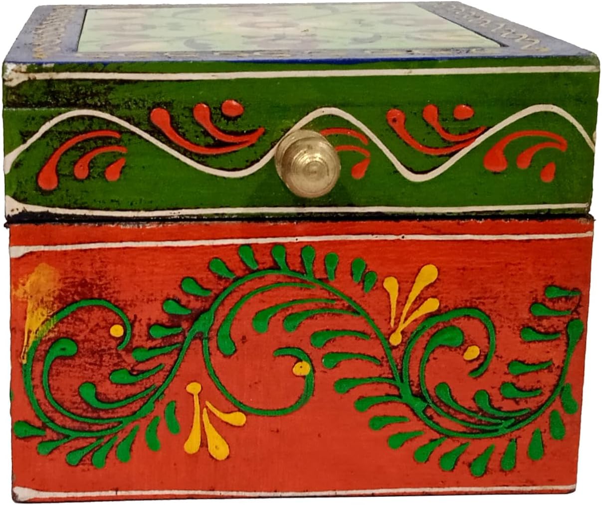 Purpledip Wooden Box For Storing Small Items: Colorfully Handpainted With Ceramic Tile On Lid (12720)
