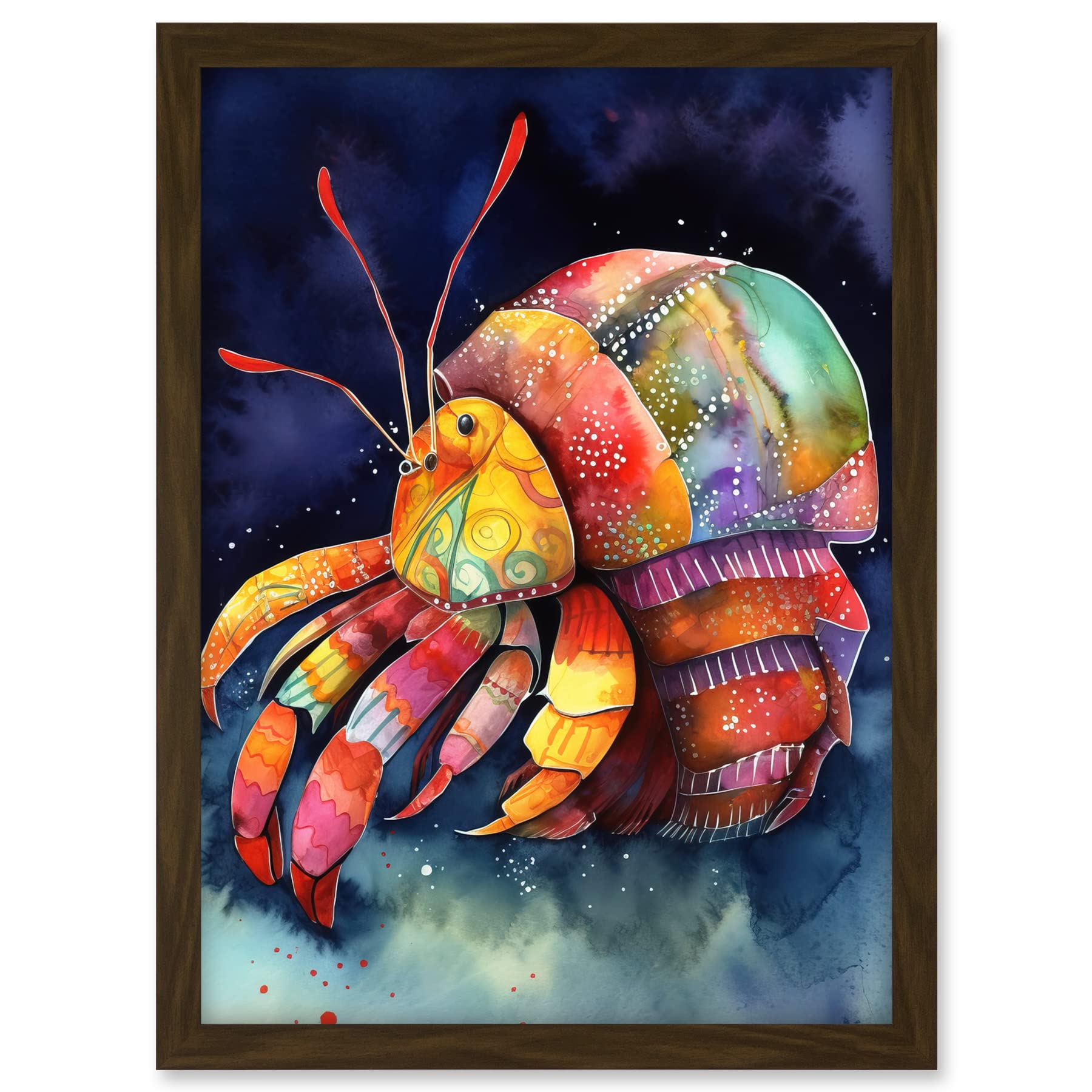 Artery8 Hermit Crab Vibrant Folk Art Watercolour Painting Artwork Framed A3 Wall Art Print