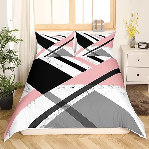 Miniatura 2 de Juego de ropa de cama tamaño matrimonial para niñas y mujeres, funda de edredón geométrica a rayas triangulares, funda de edredón de rayas