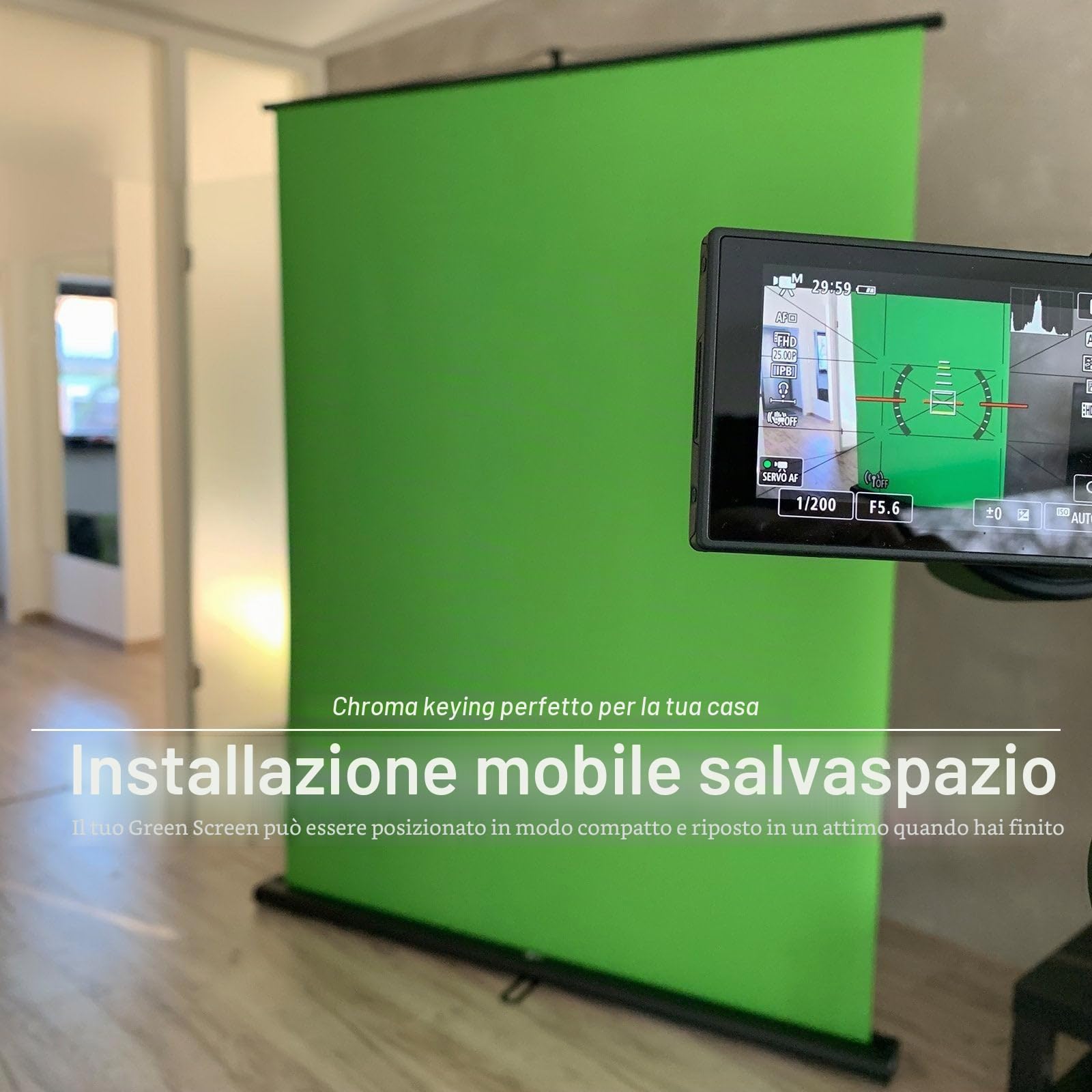 Floordirekt Greenscreen Rollup - Sfondo per foto estraibile con supporto, per foto, video, TV, gaming, distanza di sfondo da studio, 150 x 200 cm