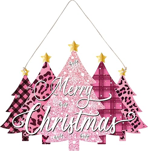 Capoda Letrero de puerta rosa con texto en inglés Merry Christmas para colgar en la pared, decoración de casa de campo, puerta delantera, para