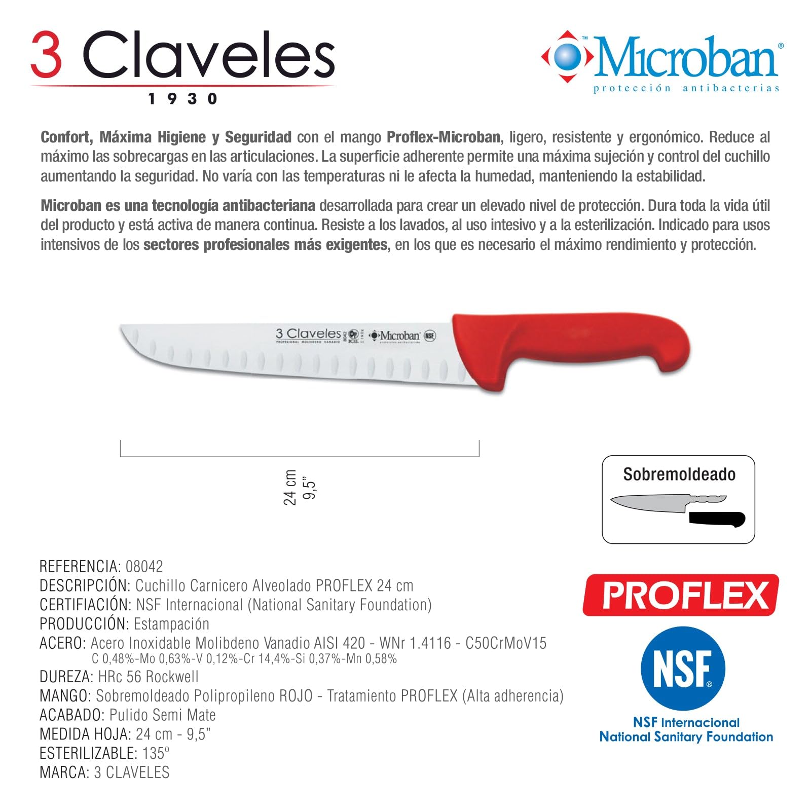 3 Claveles Cuchillo Carnicero Alveolado Proflex, Acero Inoxidable, Rojo, 24 cm-9.5"