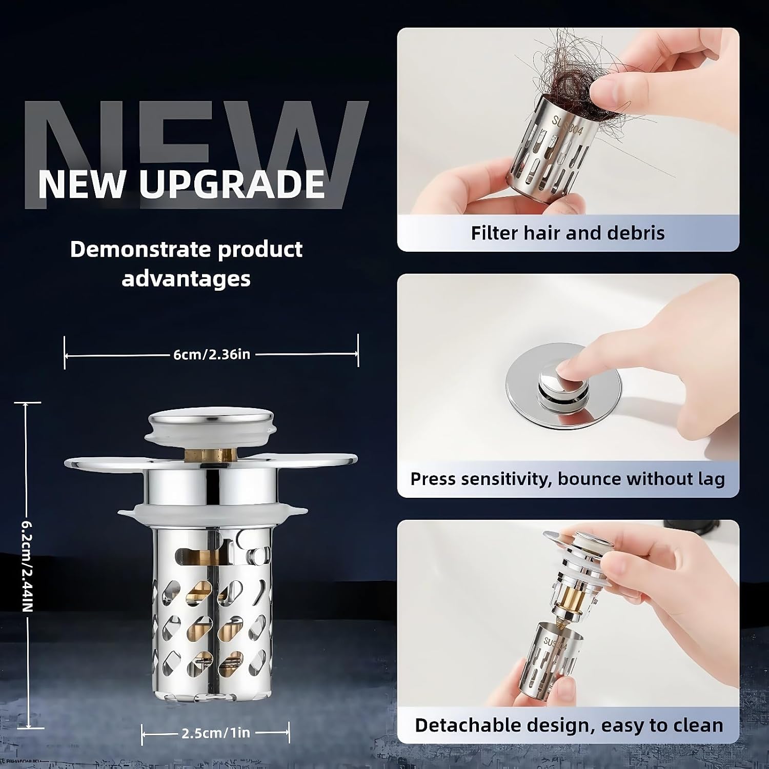 Universal Pop-Up Bathroom Sink Stopper, Stainless Steel Drain Strainer with Removable Filter Basket for 1.1"-2.36" Basin, Push-to-Bounce Core, Bathroom Sink Plug, Hair Catcher, 2 Pack