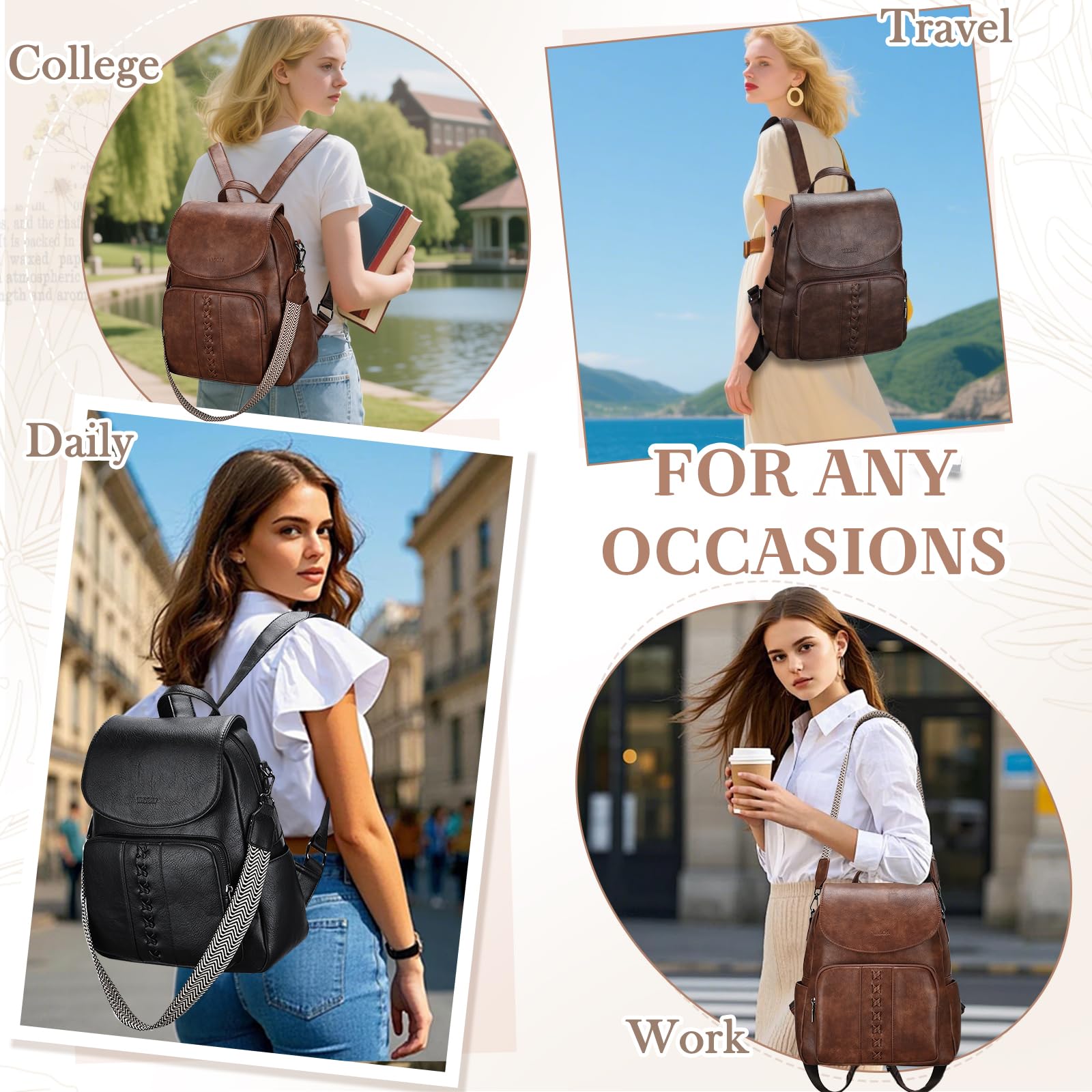 VASCHY Sac à Dos Antivol Femme Cuir, Élégant Sac à Main Porté Dos Bohème Rétro Imperméable avec Bretelle Réglable pour Travail Université Voyage