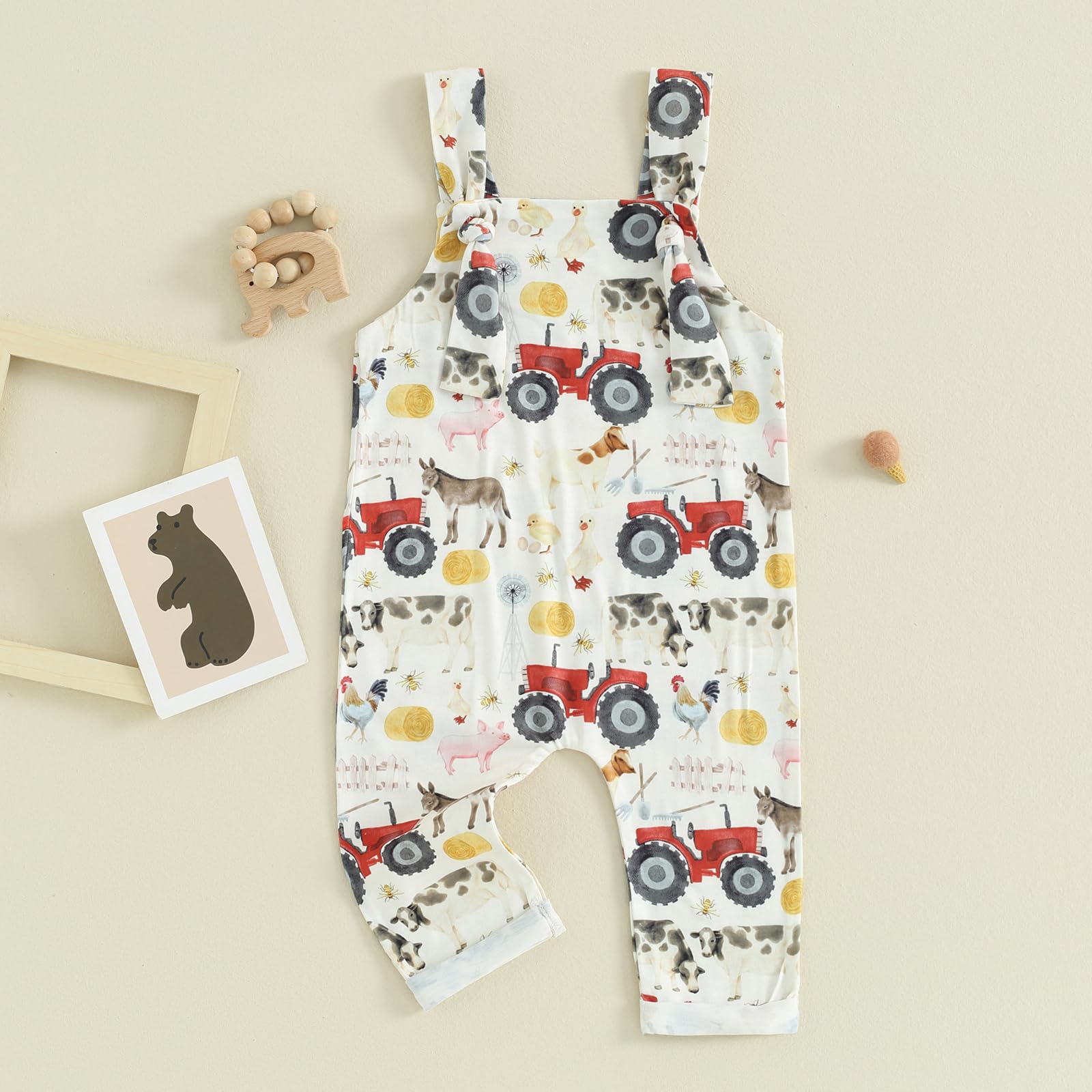 baorji Newborn Baby Boy Girl Summer Clothes Farm Animals Print Overalls Sleeveless One Piece Jumpsuit Adjustable Bib Pants (White, 6-12 Months)