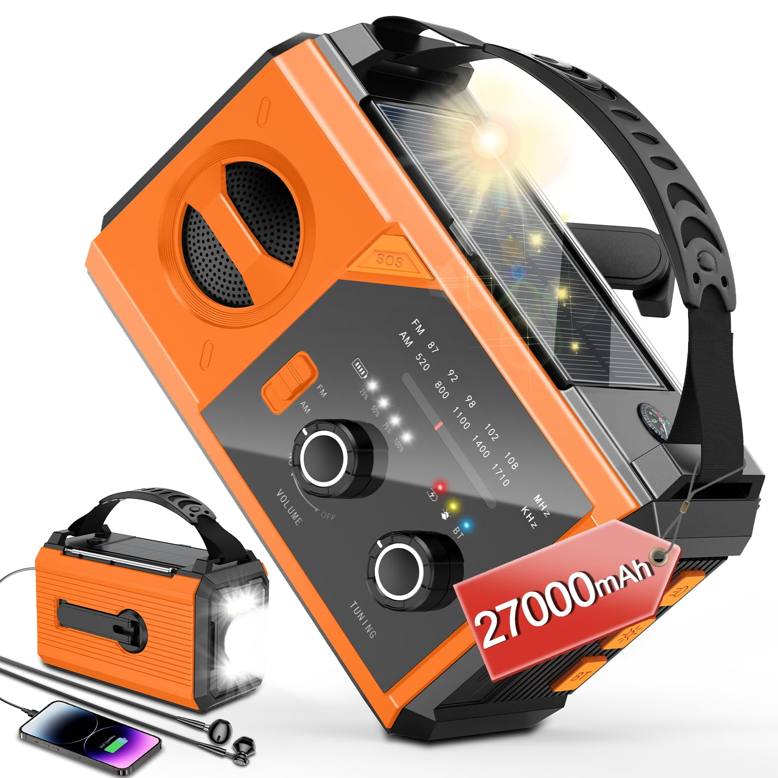 Wholede 27000mAh Radio de Manivela, Am/FM Bluetooth Radio Portátil de Emergencia con Cargador de Teléfono Móvil