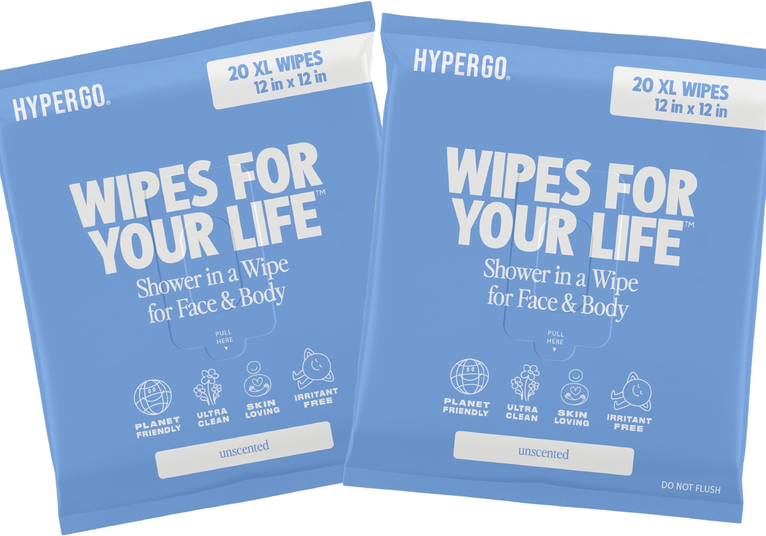 HyperGo XL Body Wipes for Women & Men โ 12" x12" Rinse-Free Full Body Cleansing Wipes 2-20 Count Packs - Unscented | Biodegradable, Hypoallergenic, Aloe-Infused | Gym, Festival, Camping Essentials