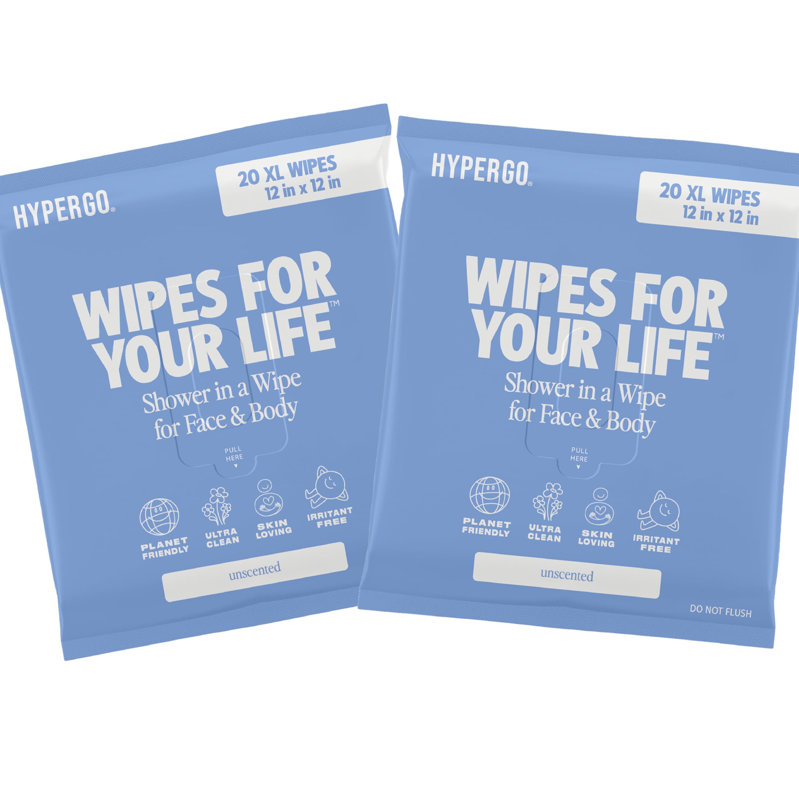 HyperGo XL Body Wipes for Women & Men – 12" x12" Rinse-Free Full Body Cleansing Wipes 2-20 Count Packs - Unscented | Biodegradable, Hypoallergenic, Aloe-Infused | Gym, Festival, Camping Essentials