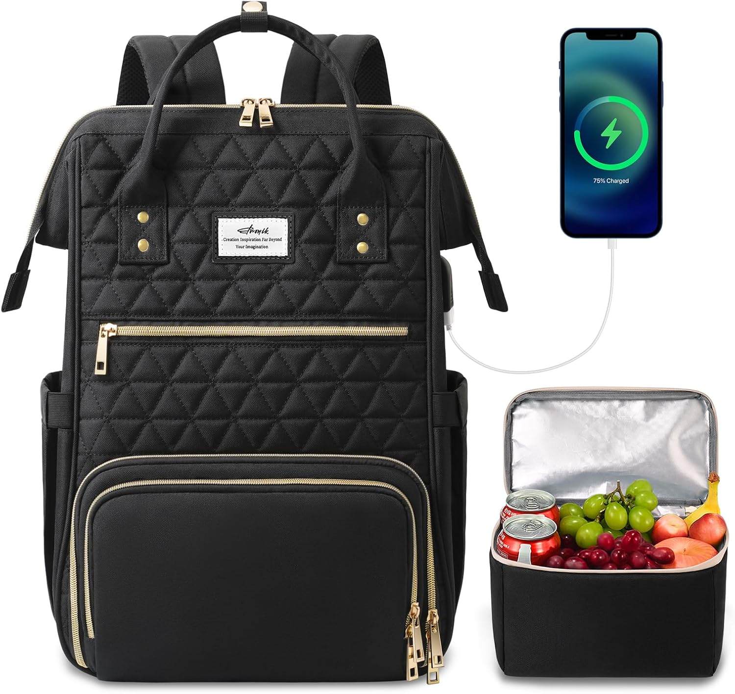 ETRONIK Lunch Backpack for Women, 17.3 Inch Laptop Backpack with USB Port, Stylish Nurse Backpack Teacher Work Bag with Insulated Cooler Lunch Box for Women Men/Travel, Black