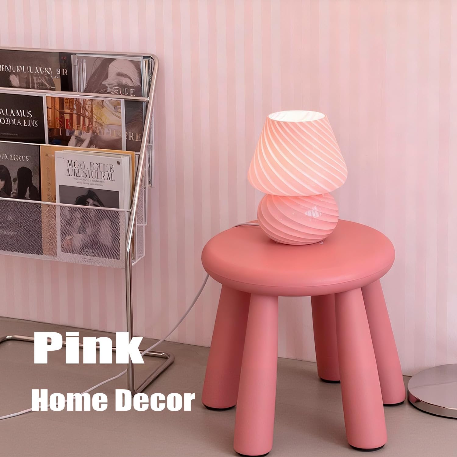 jonong Bedside Lamp Glass Striped Mushroom Table Lamp with 3 Color Modes LED Small Decorative Table Lamp for Gift Present,Suit for Bedroom, Living Room, Home Decor, Baby, Kids, Women (Pink)