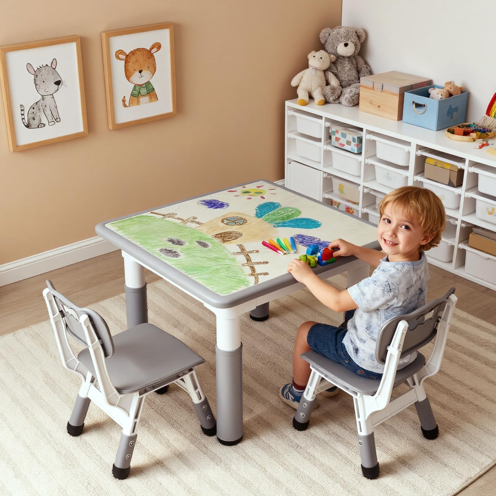 MAMIZO Ensemble de Table pour Enfants Réglable en Hauteur Avec 2 Chaises, Meubles en Plastique, pour Peinture, Garçons et Filles à Partir de 3 Ans (Gris, Carrée)