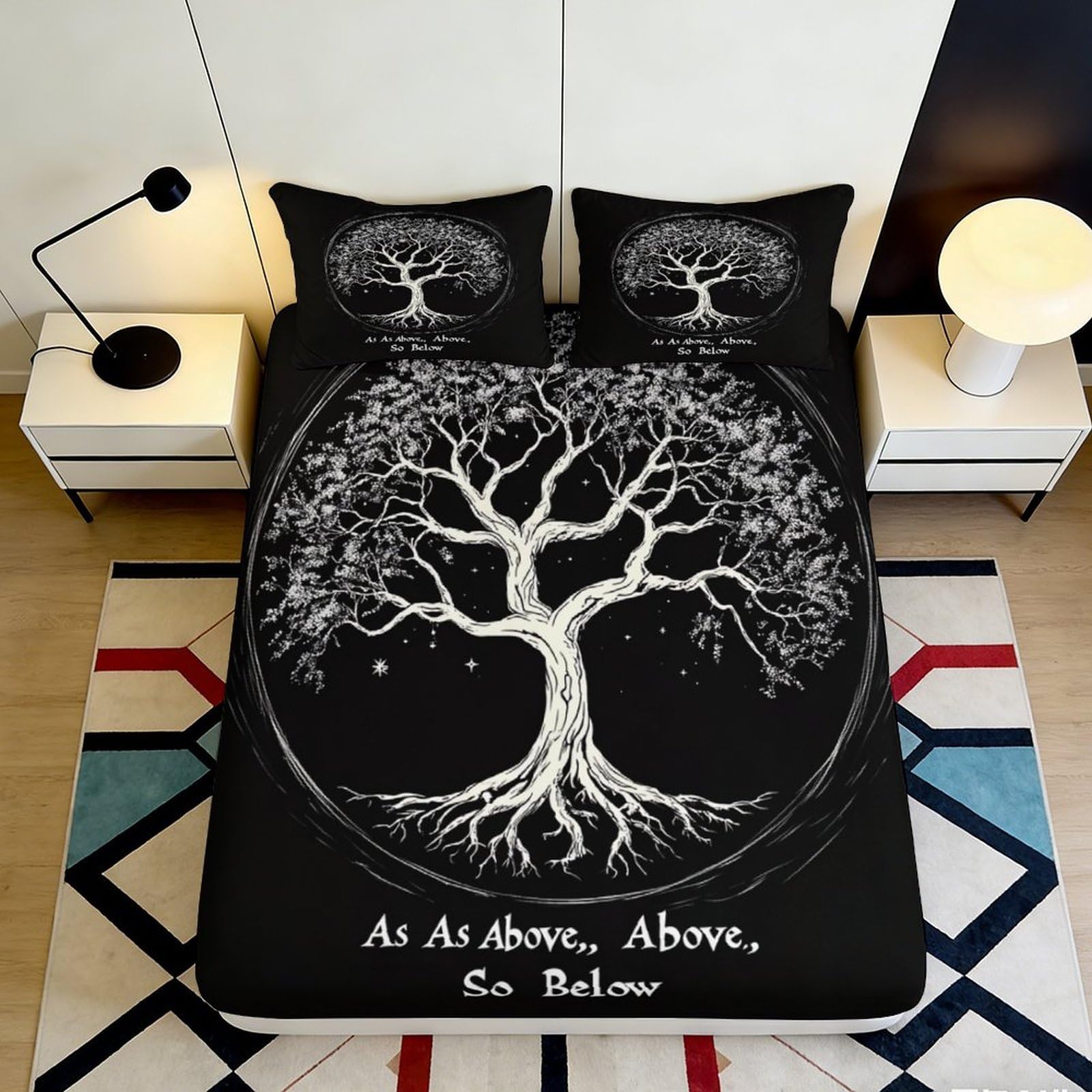 3D Printed Tree of Life Fitted Sheet Microfiber Soft Black White Decor Moon Mattress Cover Bedroom Dorm 90x200x25cm