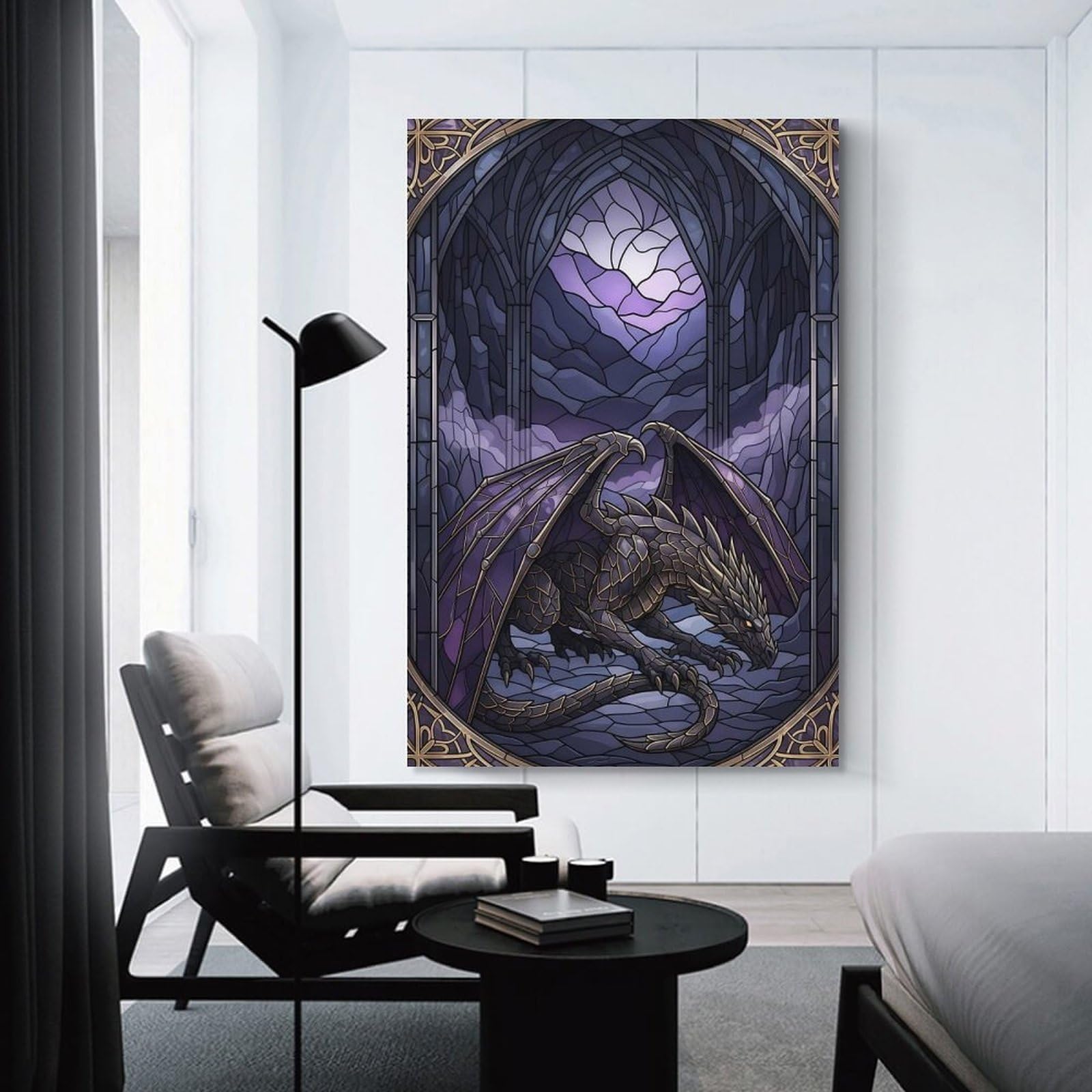 Junmoney Stained Glass Dragon in Gothic Archway Wall Picture Print 12x18inch(30x45cm), for Calm Bedrooms, Home Corners Or Flats, Home Artwork with A Soft Interior Feel
