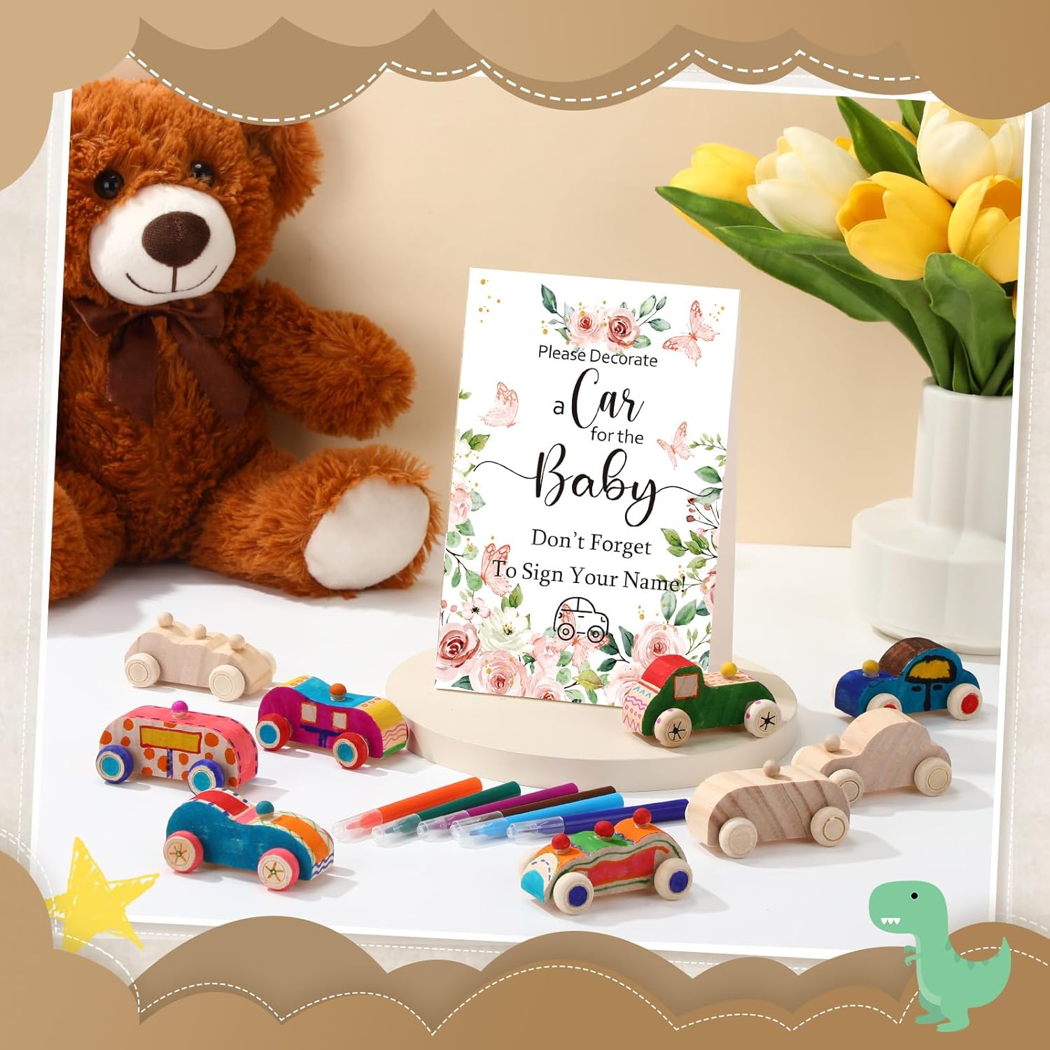 WinnerWhy Baby Shower Game Sign Kit Includes 32 Unfinished Wooden Car Blocks, 12 Markers, and a Prize Decoration Sign for Baby Shower(Boho)