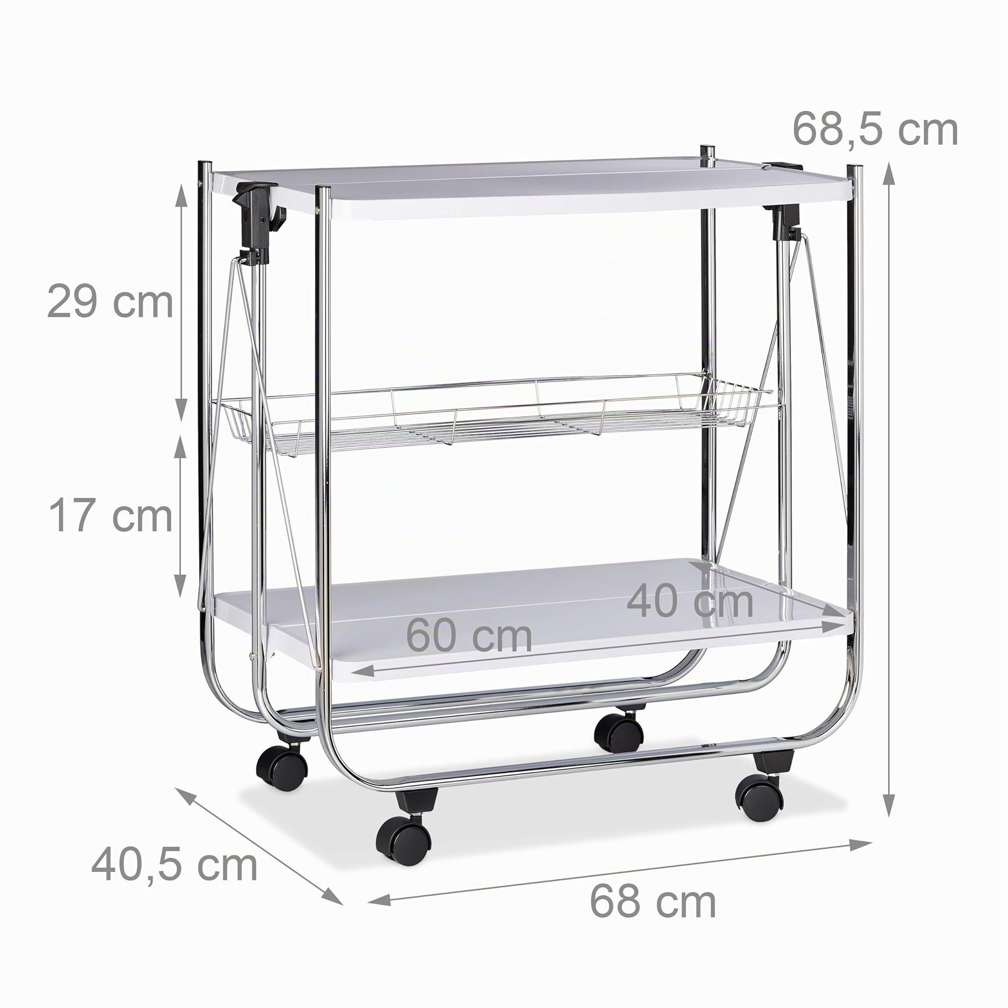 Relaxdays Camarera Plegable para Cocina con 4 Ruedas, Cesto de Rejilla y 2 Baldas, Acero, Blanco, 68,5 x 68 x 40,5 cm