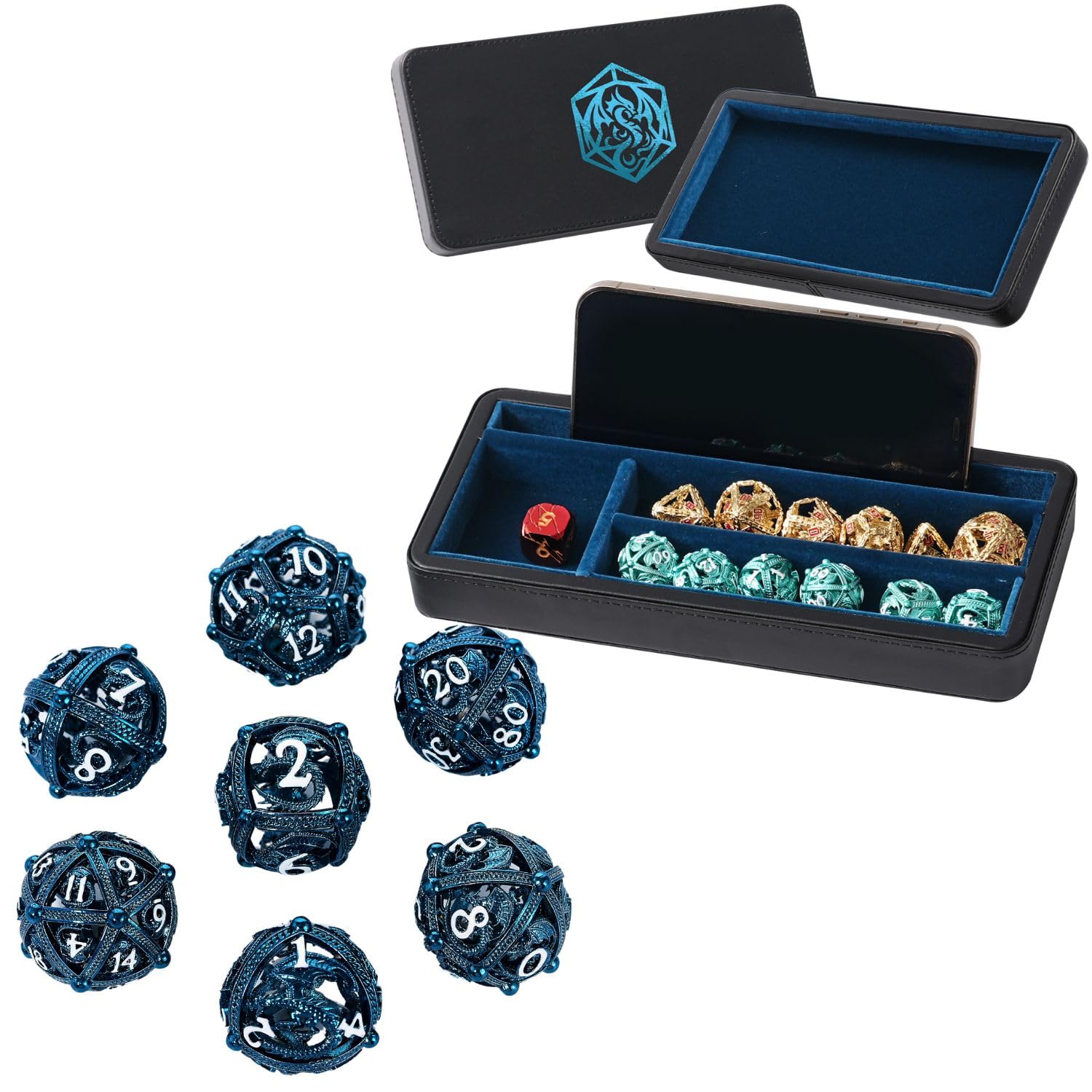 Soar Forge Blue Dice Organizer and Hollow Round Blue Metal Dice