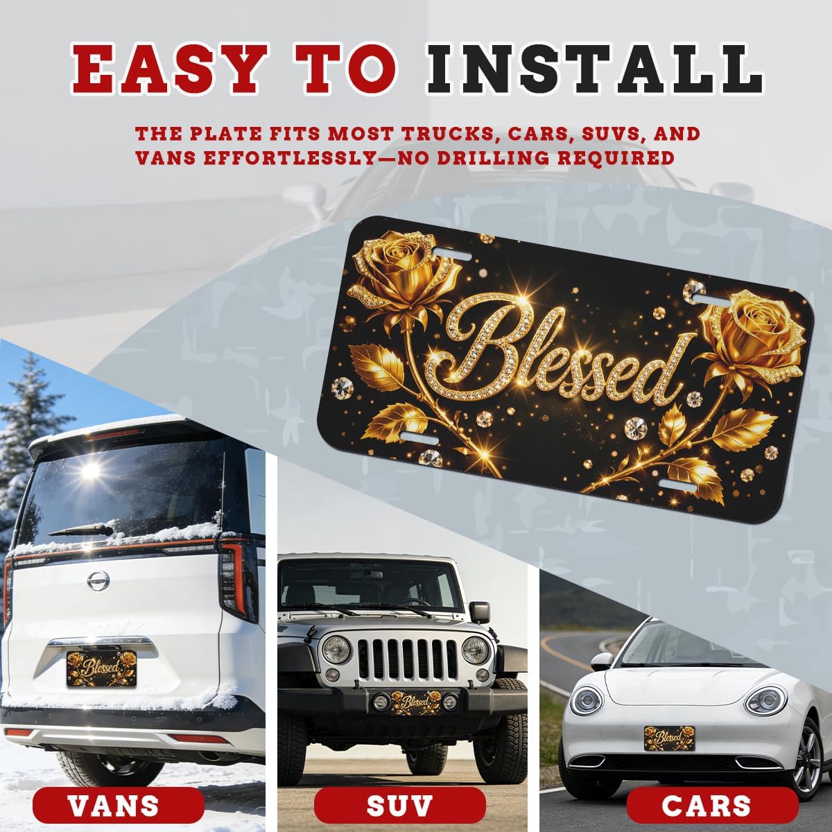 Gold Rose Blessed Front License Plate Blessed Car Decorative License Plates Aluminum Metal Decor Accessory Novelty Vanity Tag Cover with 4 Holes for Men Women 6" X 12"
