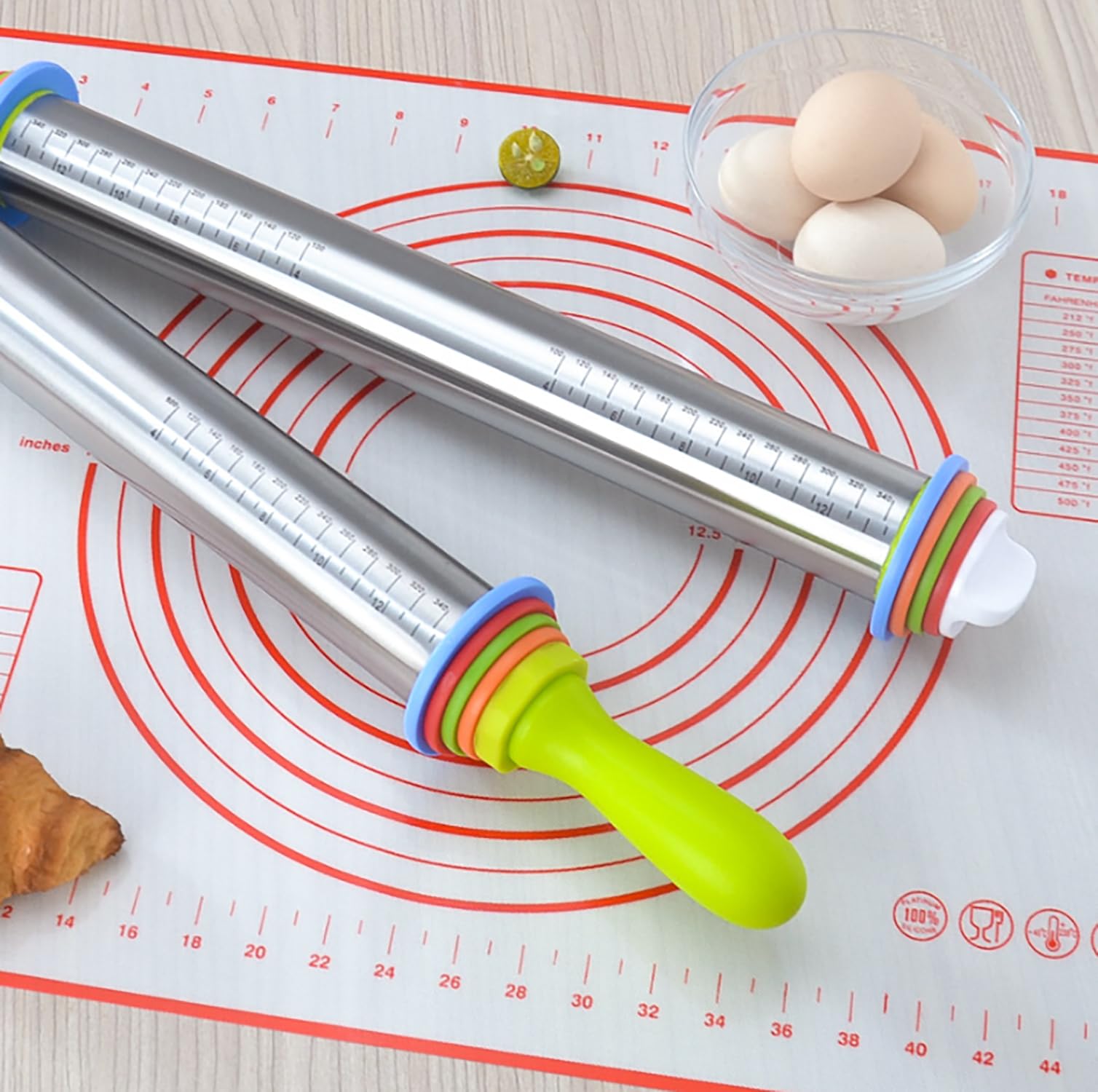 Rouleau à pâtisserie réglable en acier inoxydable avec bagues d'épaisseur et poignées | Rouleau à pâte de précision pour pizza, pâtes, biscuits et pâtisserie (A)