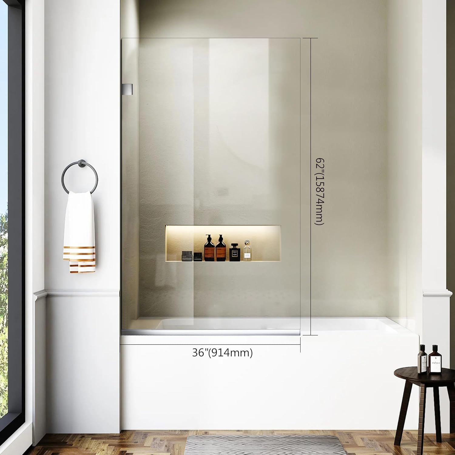 Bathroom Shower Glass Door 36 * 62" - 5/16"(8mm) Thick Clear Tempered Glass Panel, Fixed Hinged Framless Shower Glass Door with Bottom Seal, Chrome