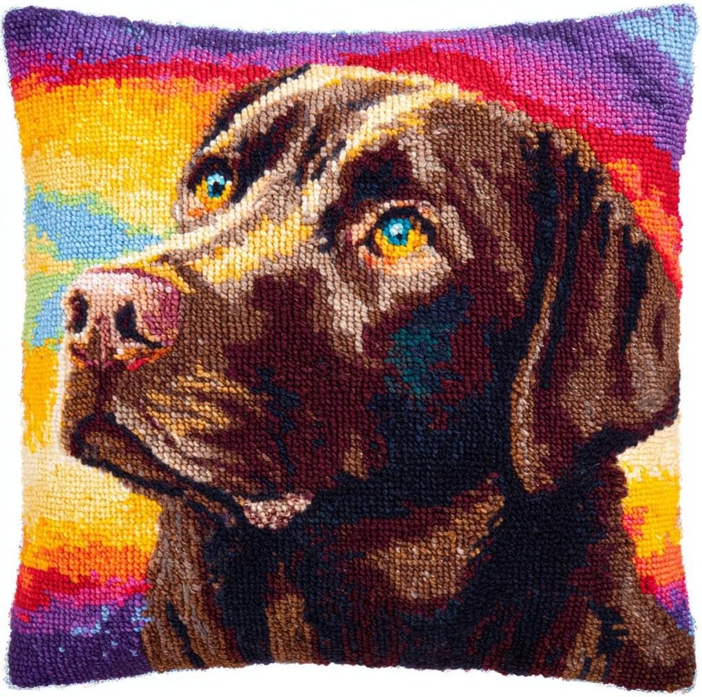 DIY Latch Hook Pillow Kit Brown Labrador Retriever Sit and Sunset Easy for Beginners with Pattern DIY Crochet Craft Kit Pillowcase Cushion for Home Decor 43x43cm-4