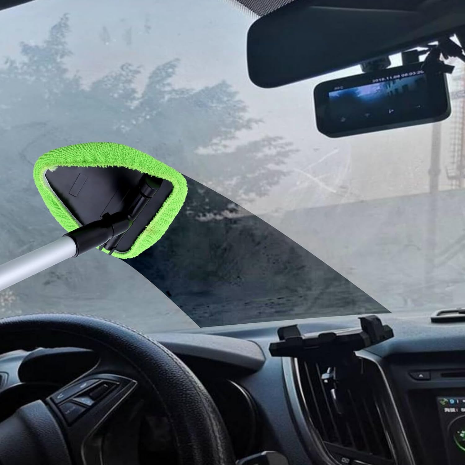 Windshield Cleaning Tool, Windshield Cleaner Inside with 4 Reusable Washable Microfiber Pads and Extendable Handle, Car Window Cleaner Tool Universal Auto Glass Wiper Kit for RV, SUV, Truck