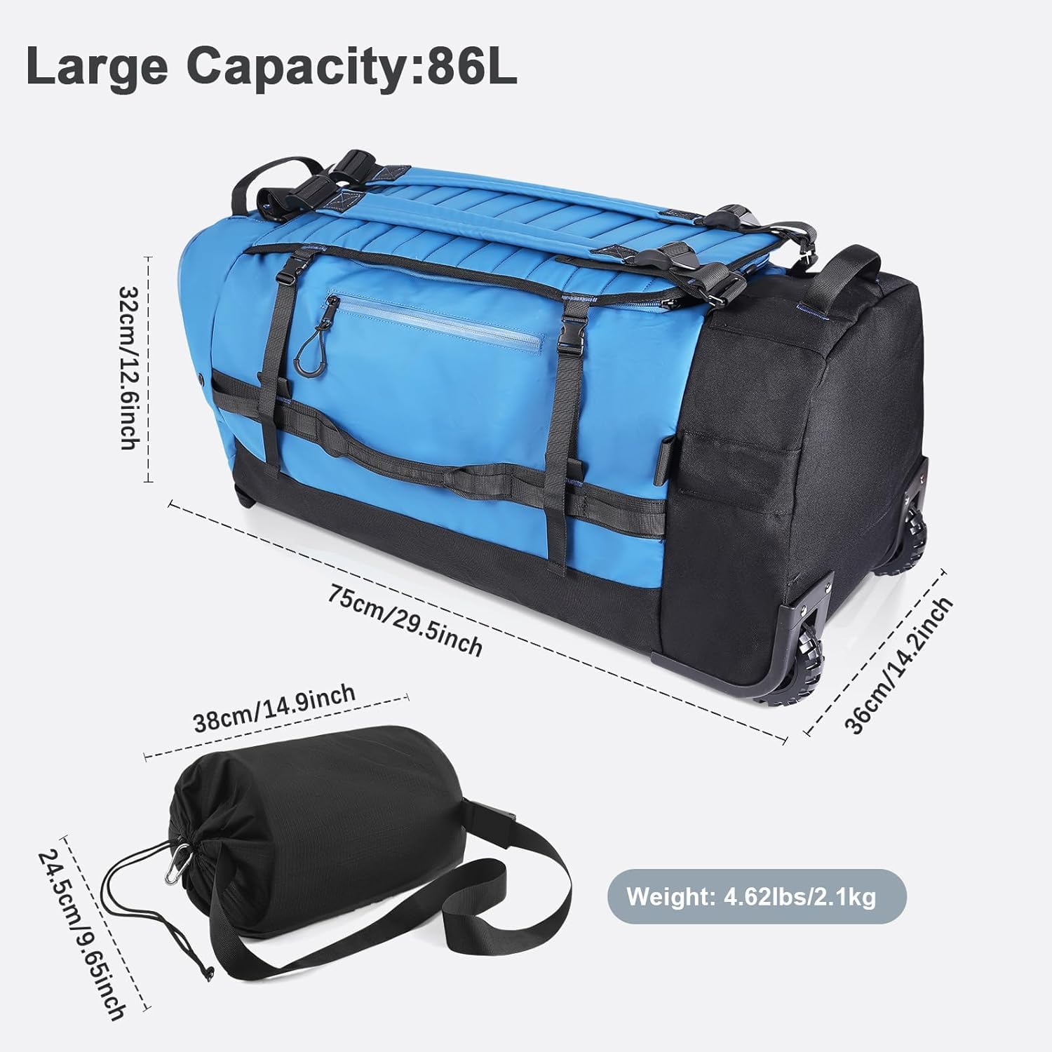 Rolling Duffle Bag with Wheels,86L 30”Carry on Luggage with Wheels,Folding Travel Bag,Duffle Backpack with Separate Shoe Compartment (blue) - Image 4
