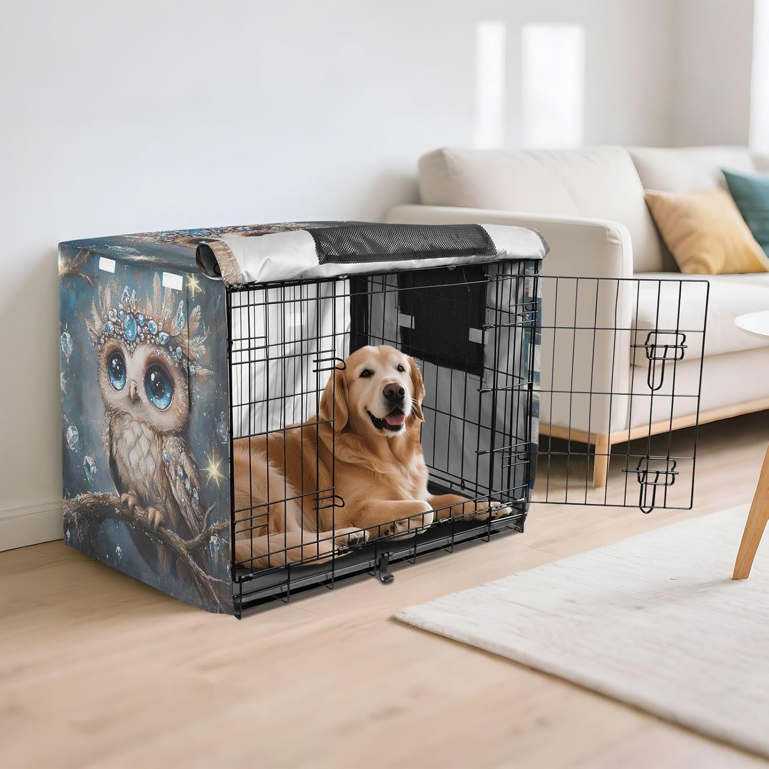 Cute Owl Dog Crate Cover S-XL Wind-Resistant Pet Crate Cover with Roll-up Sides, Reduces Barking, X-Large