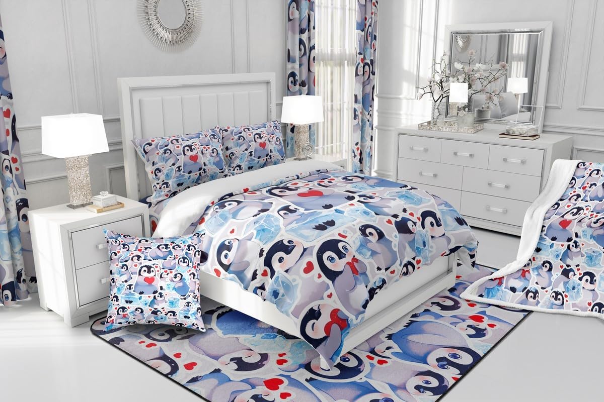 Cartoon Penguin Duvet Cover Set Toddler,Cute Arctic Animal Bedding Set for Kids Boy Girls Room Decor,Love Printed Wildlife Comforter Cover 2Pcs,Polar Penguin Microfiber Bedspreads Cover,1 Pillowcase