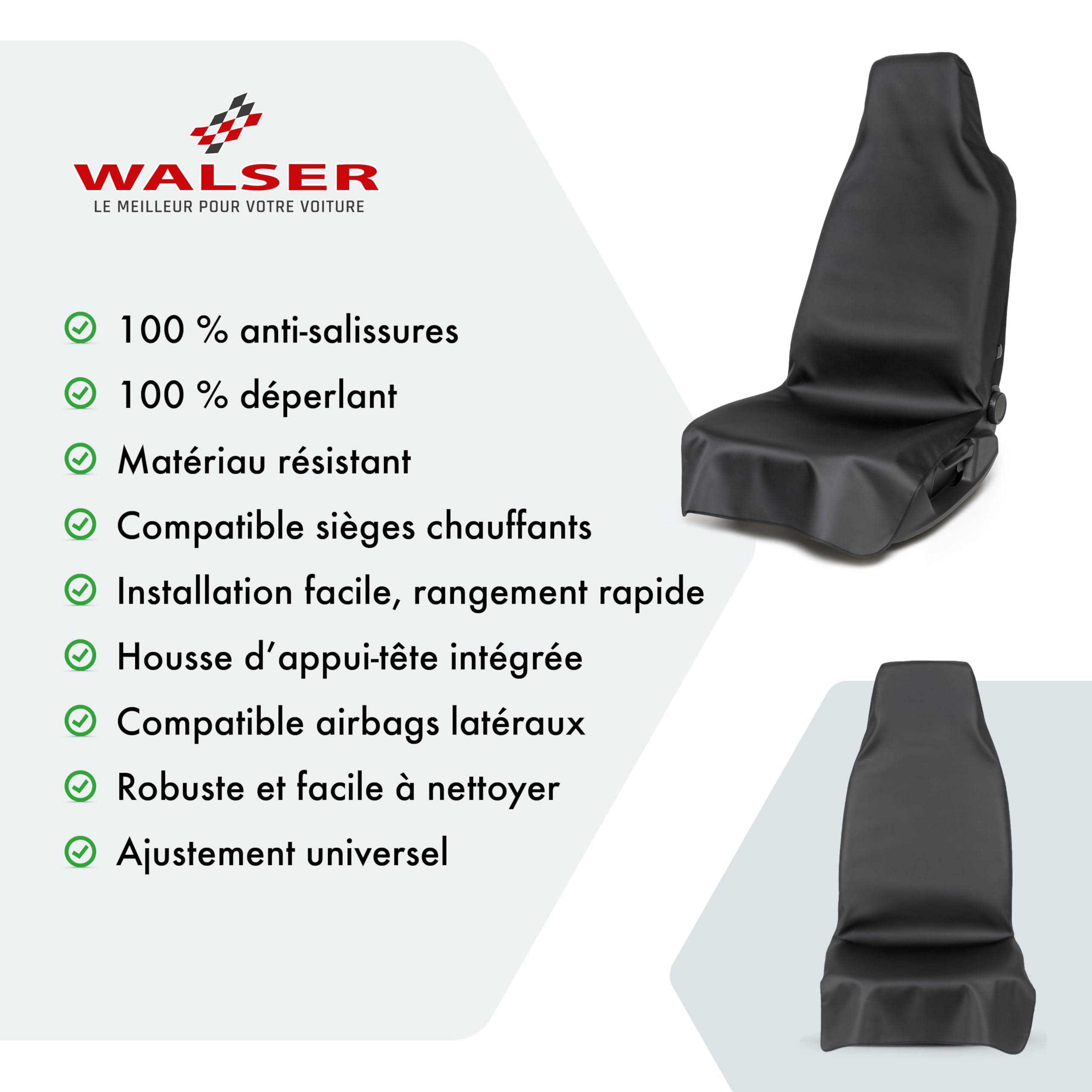 Walser Housse de siège Auto Protector, 2 Housses de siège Auto pour sièges Avant, Housse de Place Voiture 100% imperméable et Anti-salissures, Housses de Place d'atelier Noires