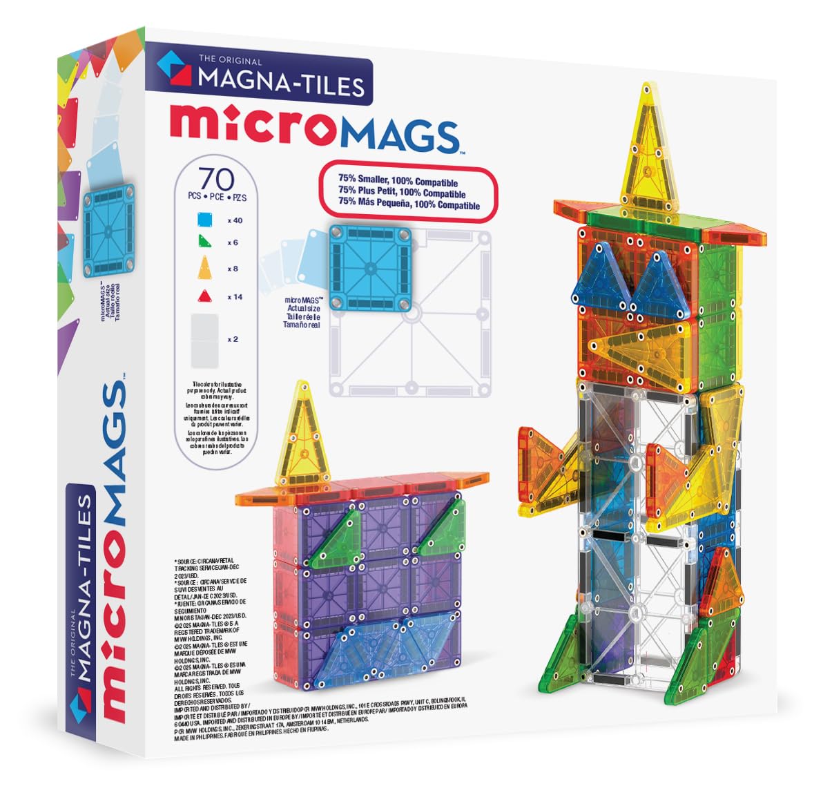 Magna-Tiles MicroMAGS - Juego de construcción magnética de Lujo de 70 Piezas, la Marca Original de construcción magnética