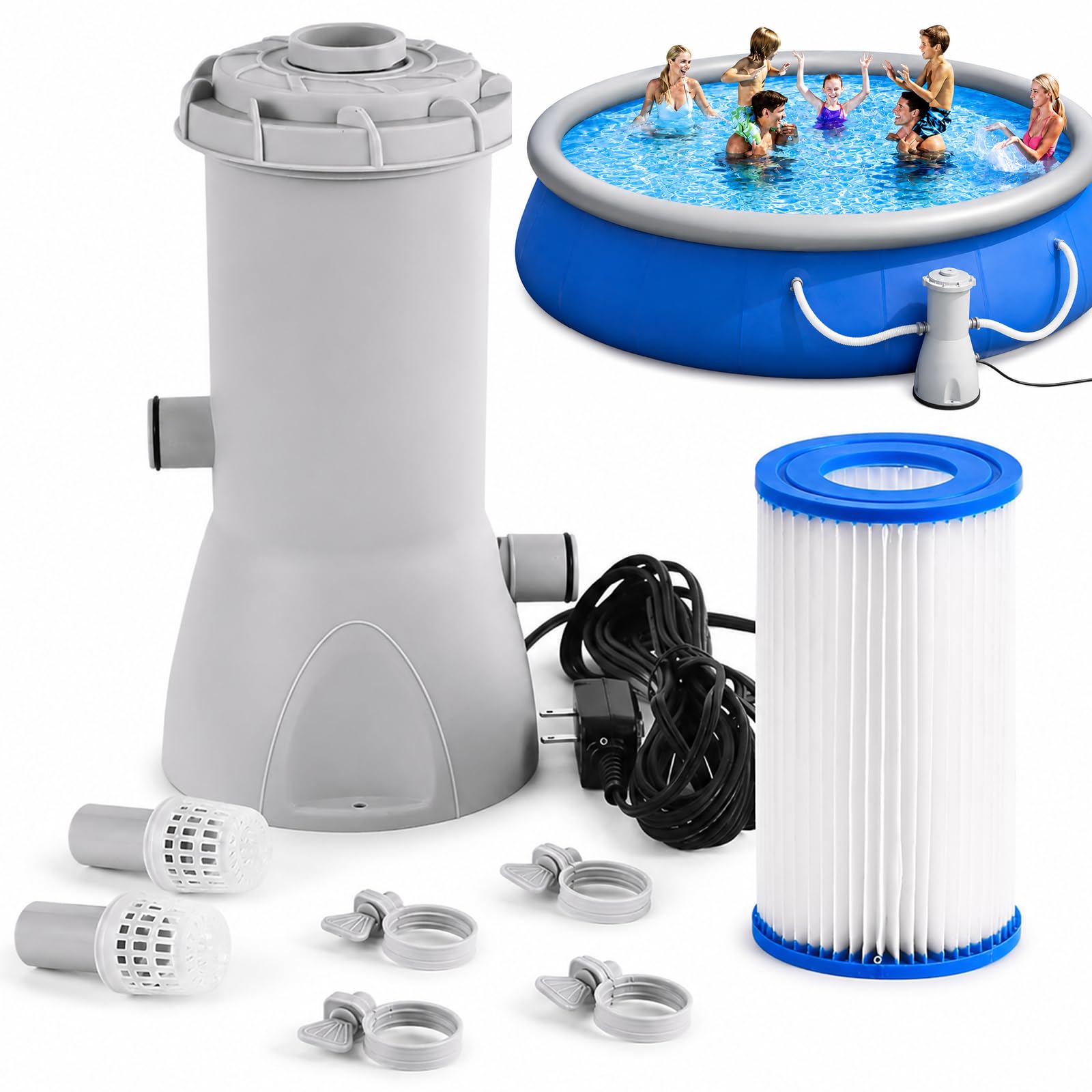 Denash Pompa Filtro per Piscina Fuori Terra da 1000 Galloni, Potente Pompa Filtro a Cartuccia, Efficiente per Piscina per Piscine Fuori Terra