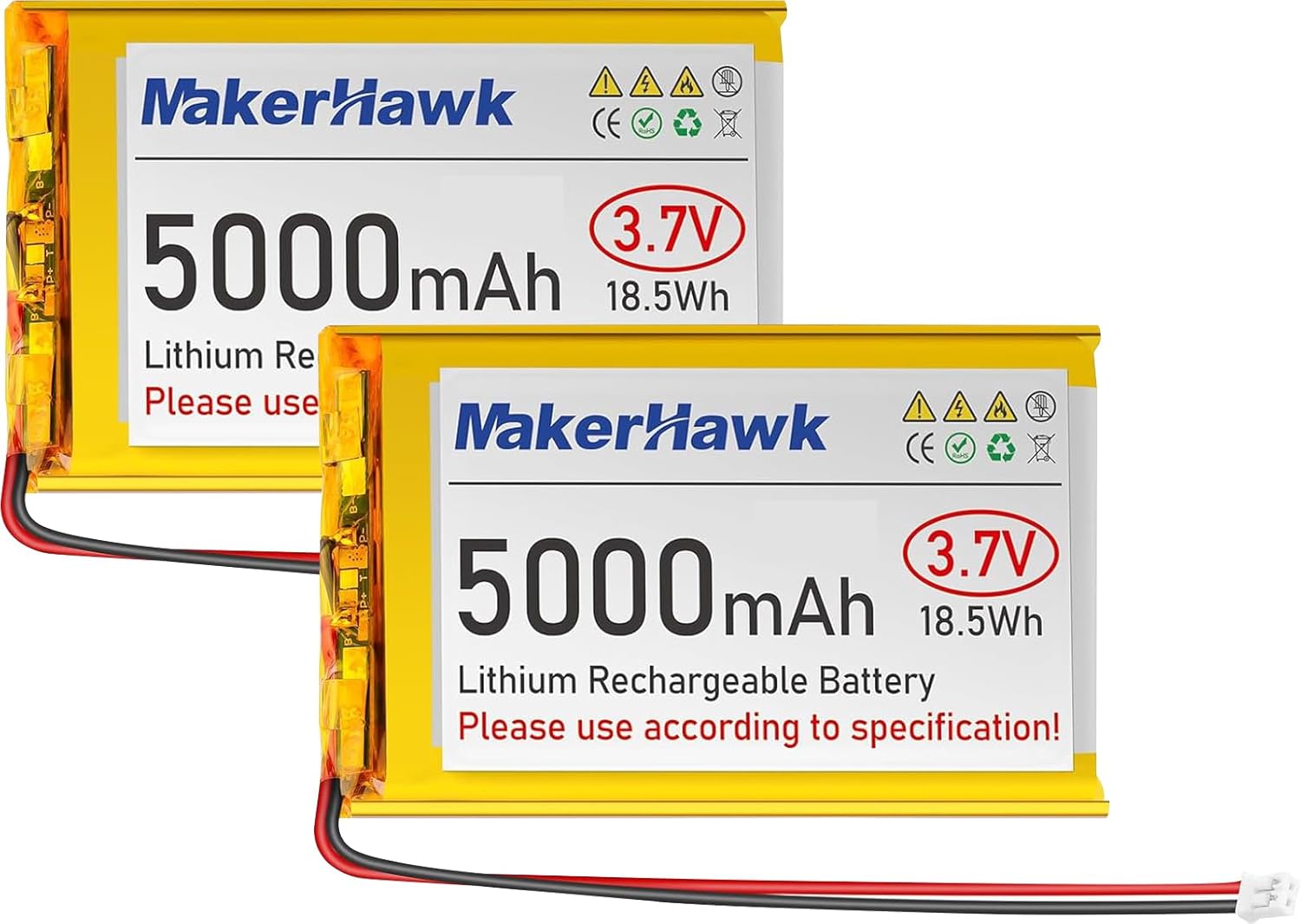 MakerHawk 3.7V 5000mAh LiPo Battery Rechargeable 1S 105080 Lithium Polymer Battery with Protection Board Insulated Rubber Tape, JST2.0 Plug for Arduino ESP32 Board RPI Battery Pack UPS (1 Pack)