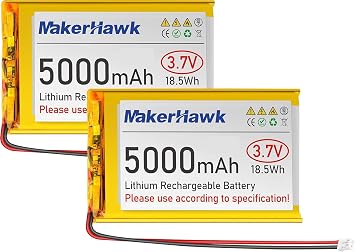 MakerHawk 3.7V 5000mAh LiPo Battery Rechargeable 1S 3C Lithium Polymer Batteries with Protection Board Insulated Rubber Tape, PH2.0 Plug for Arduino ESP32 Board RPI UPS 2 Pack