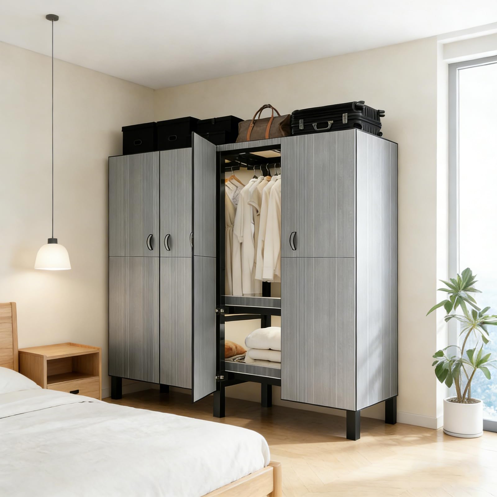 Armario metálico Plegable, sin Necesidad de Montaje, con Cierre magnético de Alta Resistencia, a Prueba de Polvo y Que Ahorra Espacio, Ideal para dormitorios y Apartamentos. (Gris, 150cm)