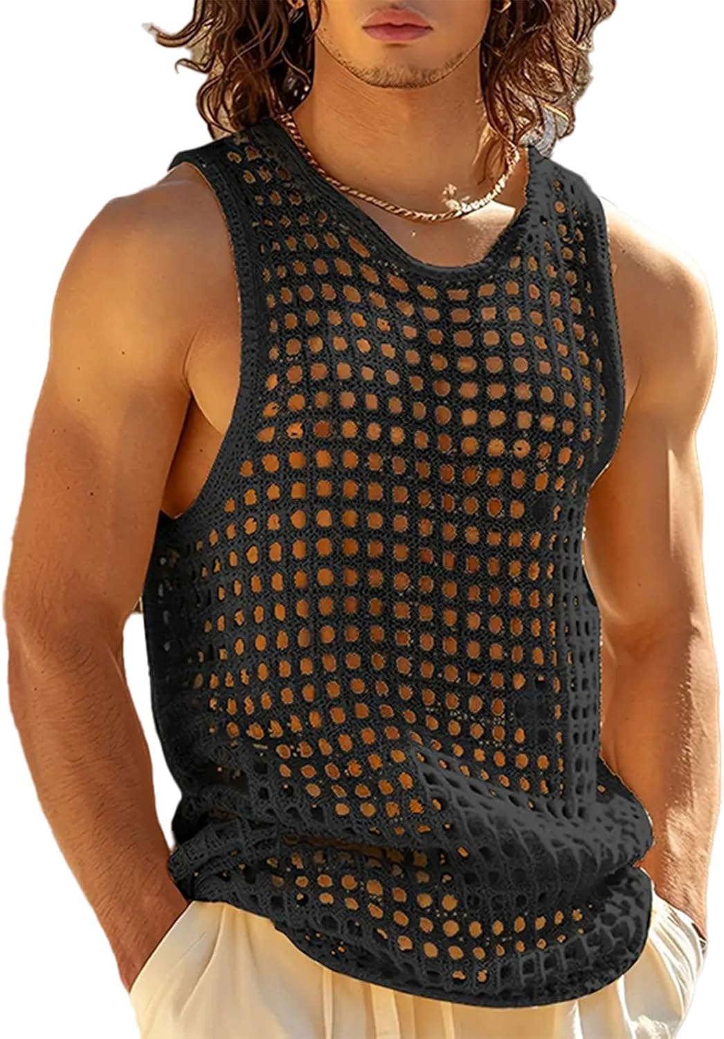 Mens See Through Vest Sleeveless Hollow Out Knitted Crochet T-Shirts Summer Beach Muscle Sexy Tank Tops