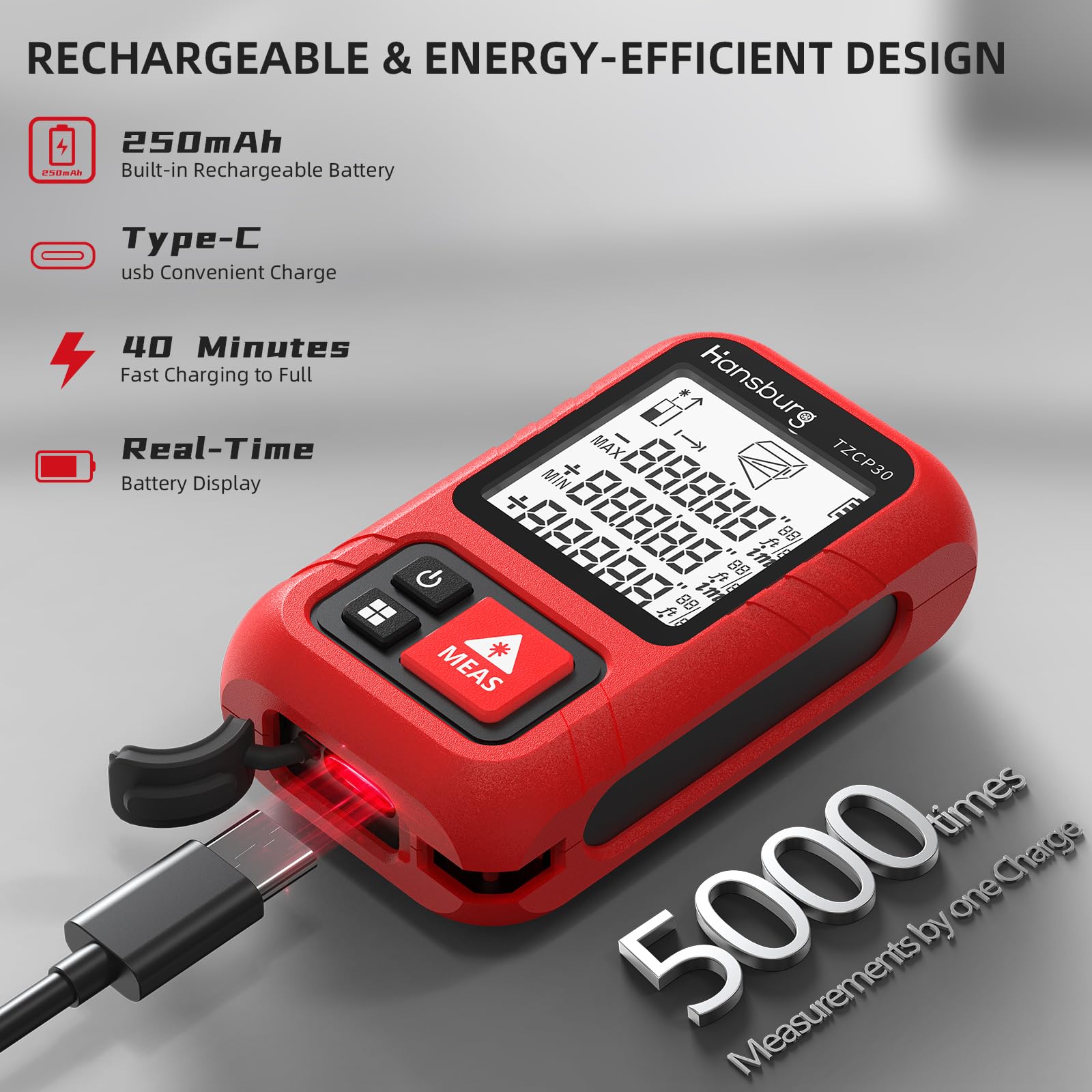Hansburg Herramienta de medición láser de 30 m, cinta métrica láser digital portátil para longitud, área, área de pared, volumen y 4 modos pitagóricos con impermeabilidad IP65, llavero