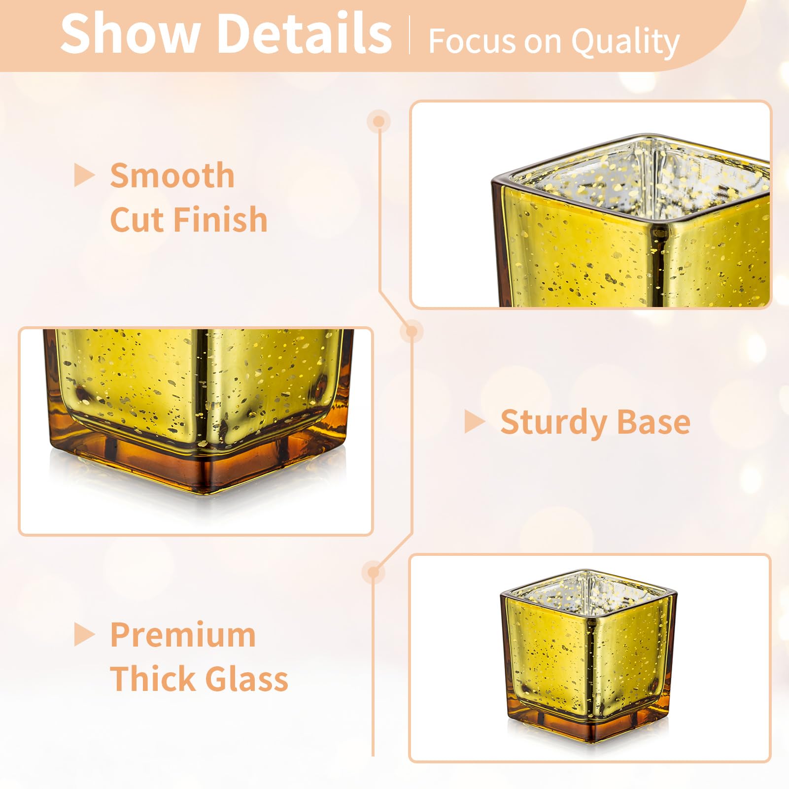 Nuptio Oro Portacandele In Vetro - Confezione 12 Portacandele Votive Tea Light Sfuso, Quadrato Speckled Mercurio Galleggiante Candele Soggiorno Natale Matrimonio Festa Candela razione Tavolo Cena
