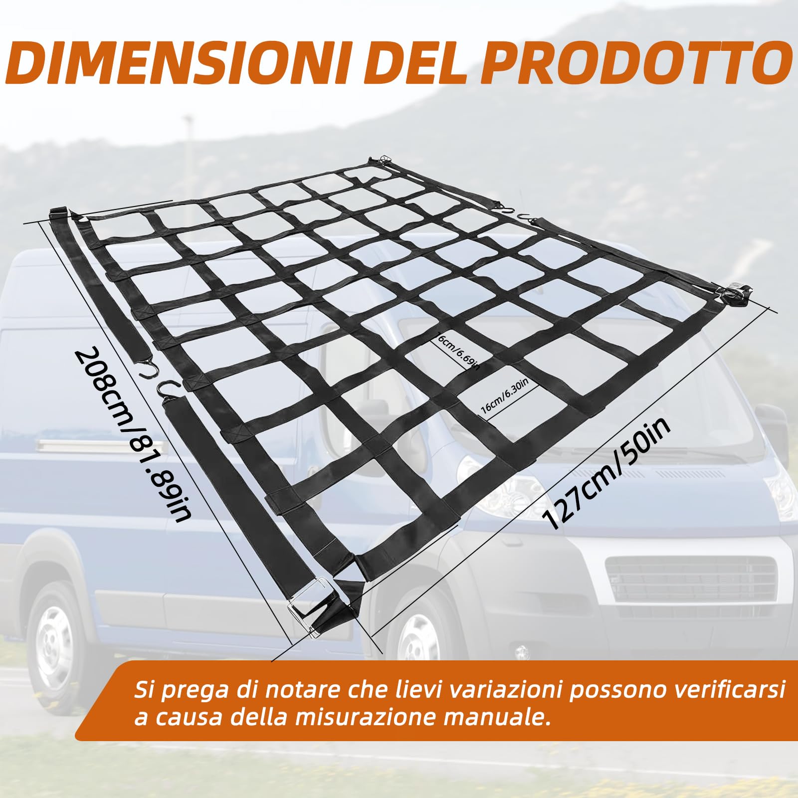 Rete di carico: rete antistrappo con 4 cinghie regolabili per fissare il carico su rimorchi pickup. Adatto per furgoni, Ducato, Boxer, Jumper, Opel Movano, Ford Transit, Mercedes-Benz