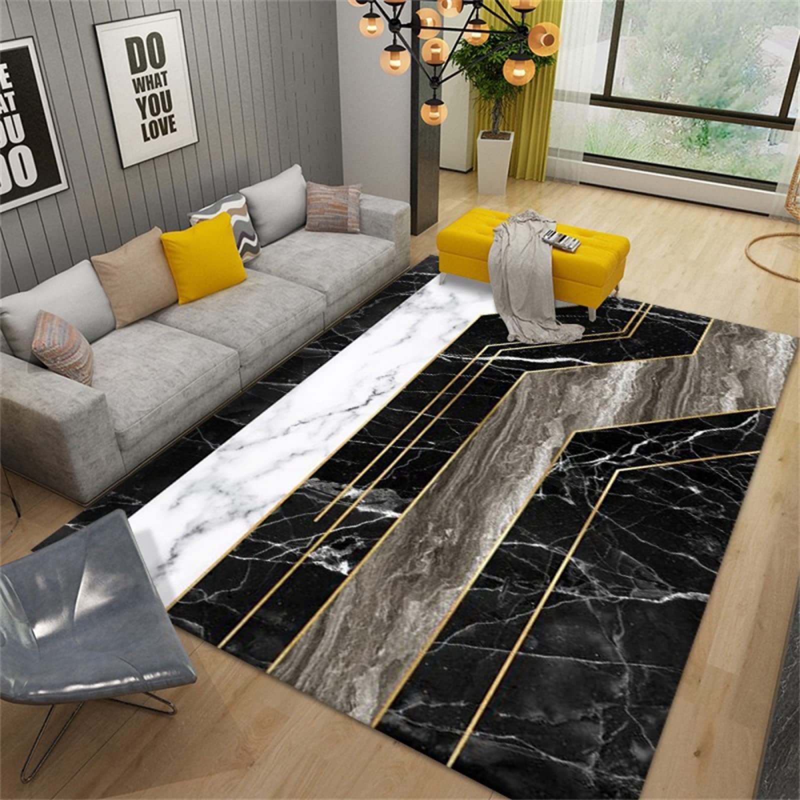 Tapis anti derapant lavable noir à motif géométrique pour la maison