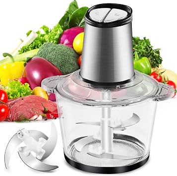 Electric Food Processor, 450W Meat Grinder Vegetable Chopper with 8cup/2L Glass Bowl, Electric Meat Chopper Veggie Cutter with 2 Speeds&4 Blades, Kitchen Blender Mixer for Baby Food Puree,Garlic,Onion