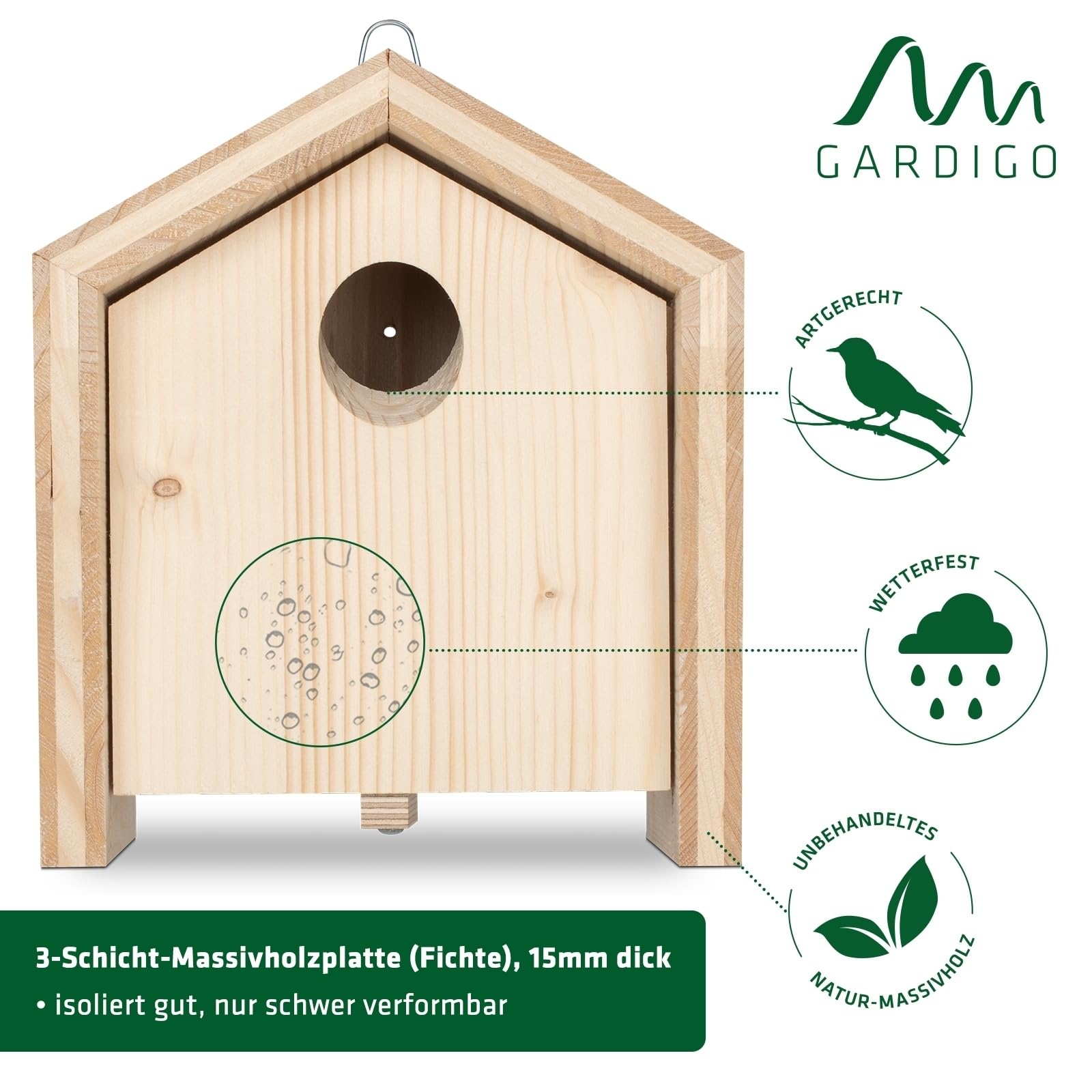 Gardigo Pannello Intercambiabile Mangiatoia per Uccelli | Mangiatoia per Uccellini in Legno | Nido per Uccelli | Voliera per Uccelli da Esterno | Casetta in Legno per Uccelli | Made in Germany