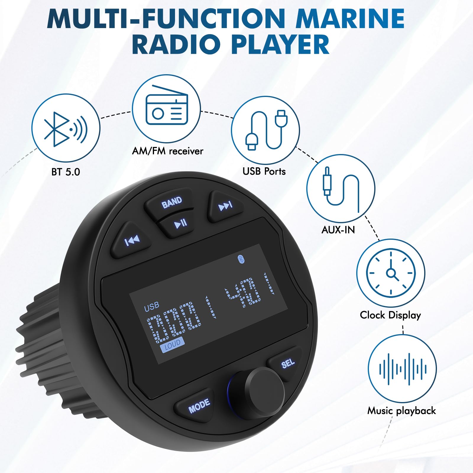 Barco Radio Impermeable Reproductor MP3 Receptor estéreo Marino con Radio Am/FM para Barcos, Yates Marinos
