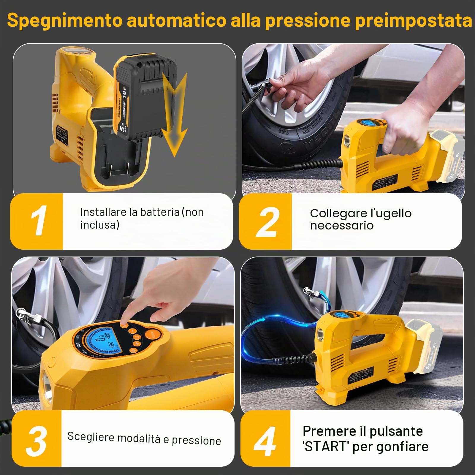 QUPERR compressore d’aria cordless compatibile con batteria Dewalt 18V, fino a 10,34 bar, con luce LED e arresto automatico, pompa portatile per auto, moto, bici e palloni (batteria non inclusa)