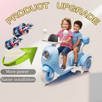 12V 2-Seater Ride On Motorcycle Kids Ride on Toy Battery Powered Electric Dirt Bike Kids ATV Off-Road Street Bike with 3 Wheels, Storage Trunk, Built-in Music for Boys and Girls, Blue