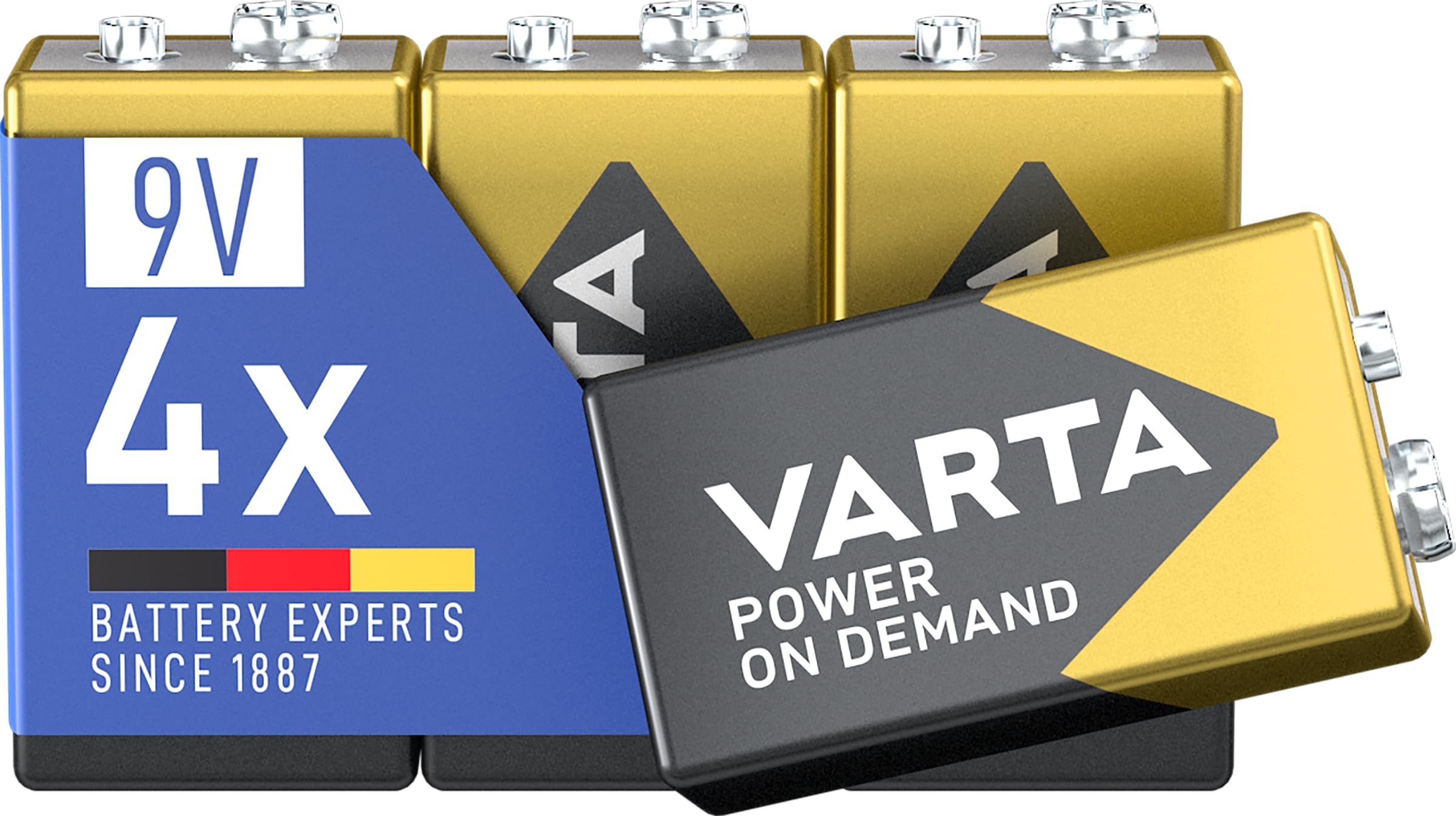 VARTA Batteries 9V Block, pack of 4, Power On Demand, Alkaline, storage pack, smart, flexible, powerful, high performance for smoke detectors & fire alarms [Exclusive on Amazon]