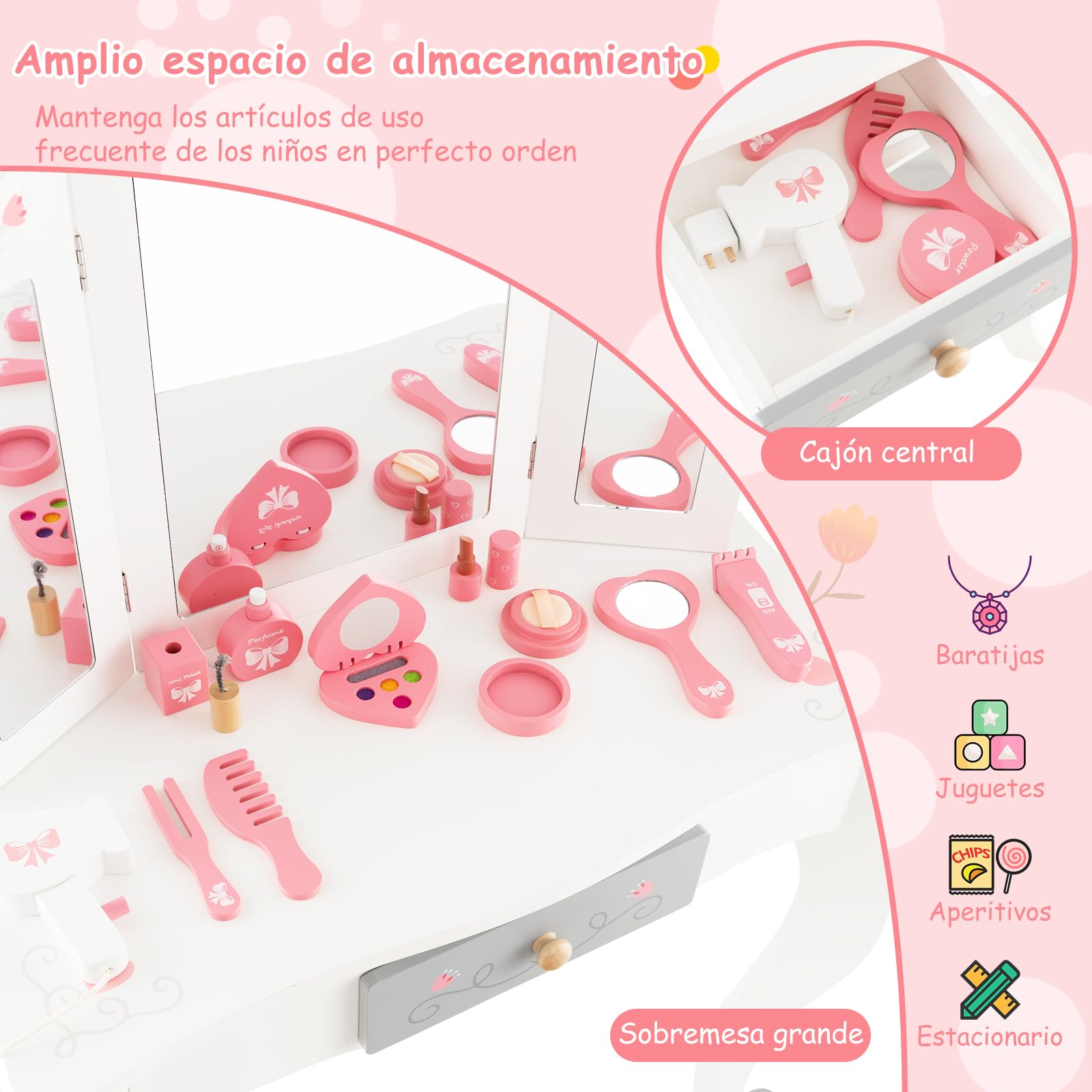 GOPLUS Tocador Niña 2 en 1 con 10 Accesorios Maquillajes, Juego de Tocador Infantil Princesa de Madera con Taburete y 3 Espejo Extraíble, para Niños de 3+ Años, 60 x 33 x 98,5 cm, Blanco