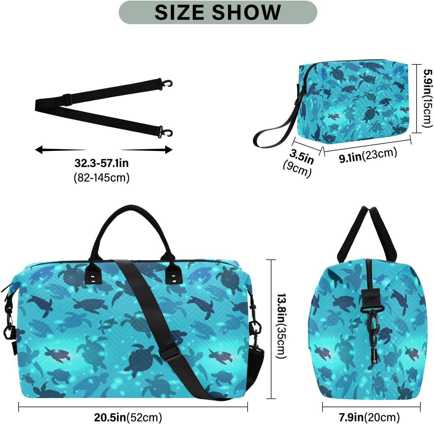 Aflyko Travel Duffel Bag Swimming Sea Turtle Aqua Cute Wildlife Sport Tote Gym Bag Weekender Overnight Bag for Men Women Flight Approved Carry On Bag Fitness Dance Go-To Bag Daily Bag